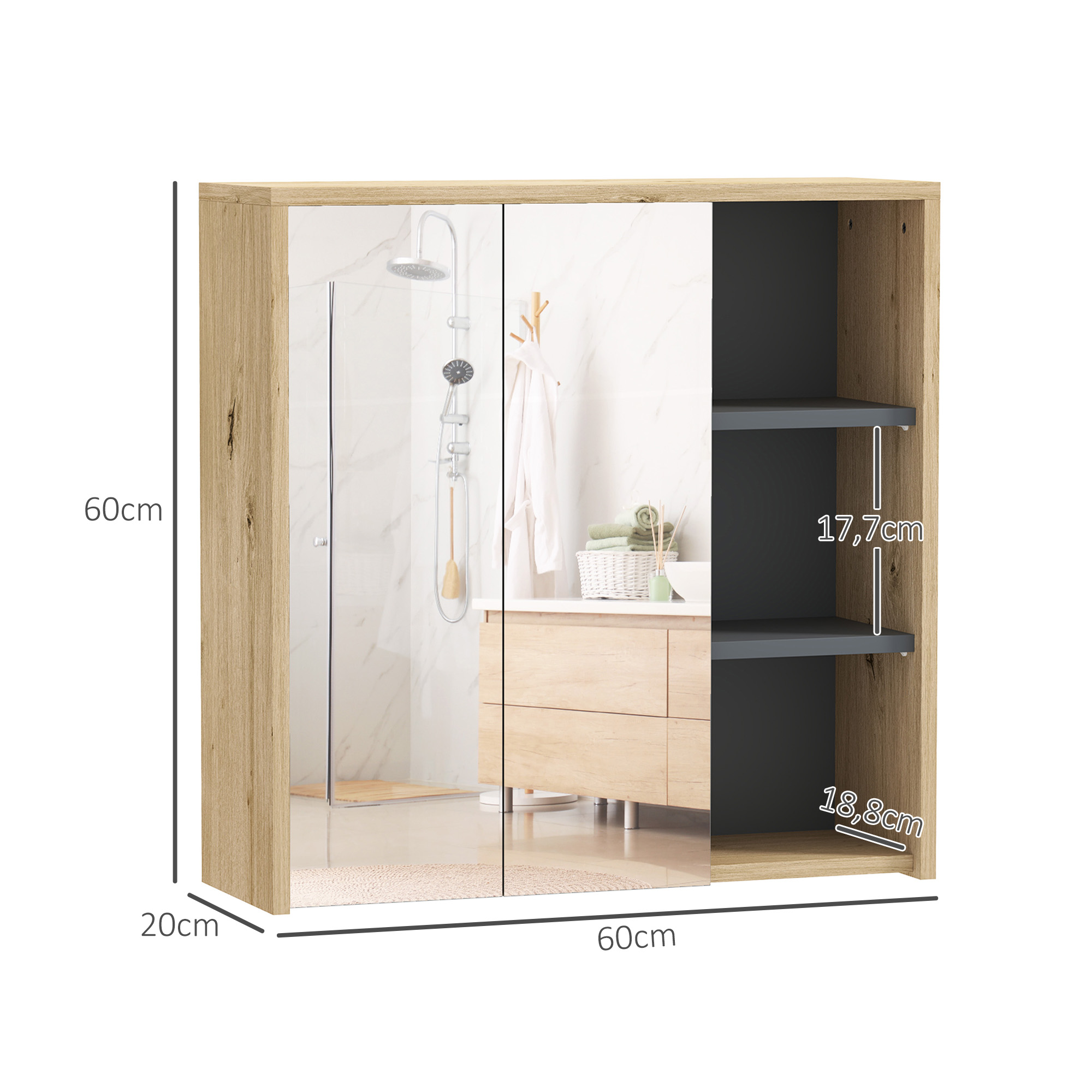 Un armario de madera con puertas de espejo y estantes, se muestran las dimensiones.