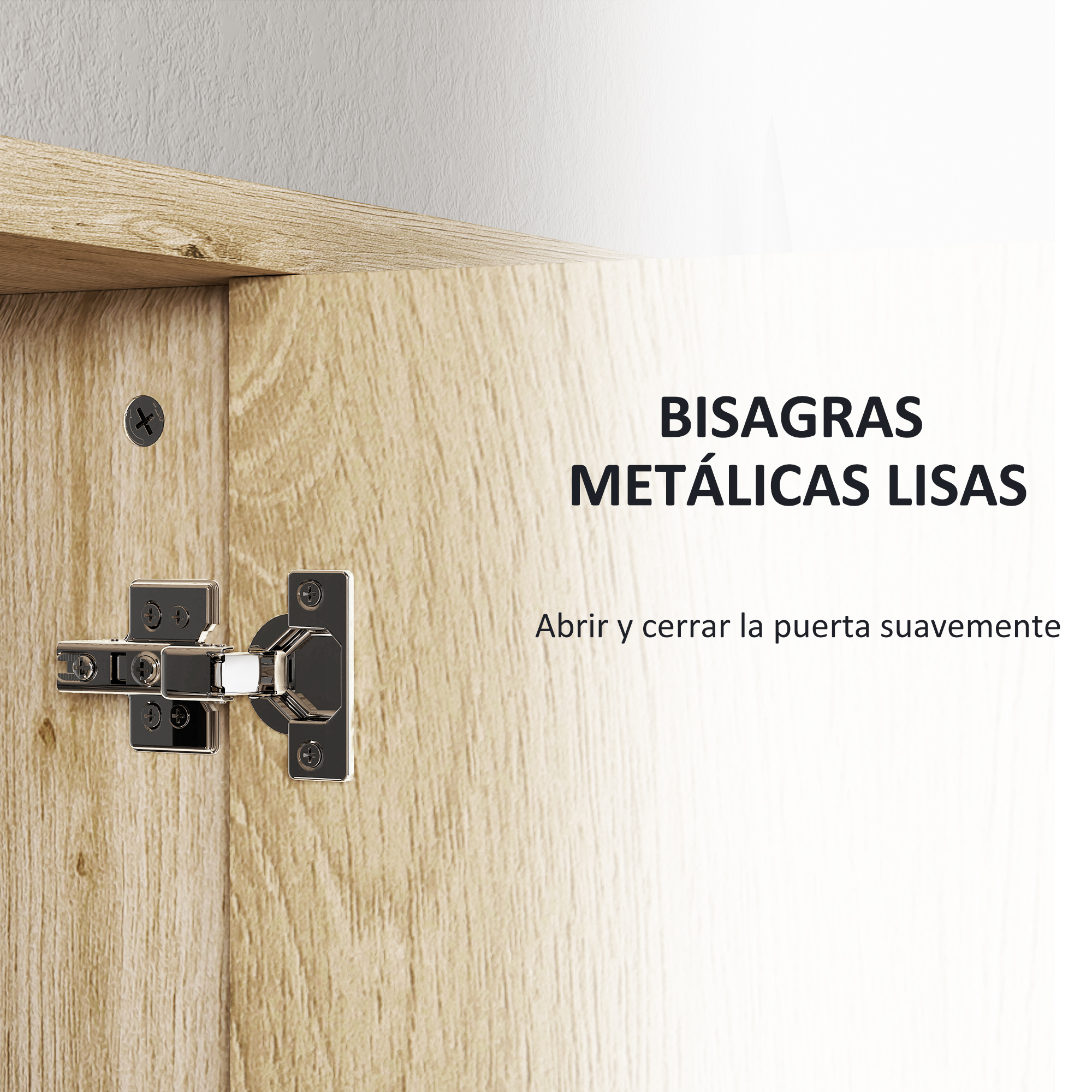 Primer plano de una bisagra plateada sobre una superficie de madera. Texto en español.