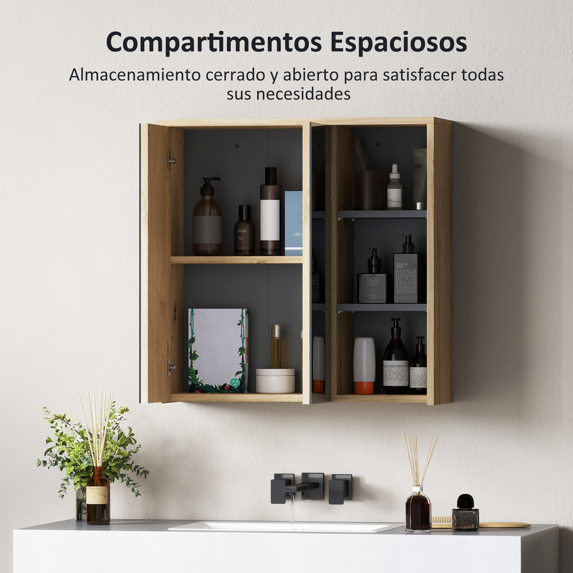 Un mueble de madera abierto con artículos de baño, un lavabo y grifo.