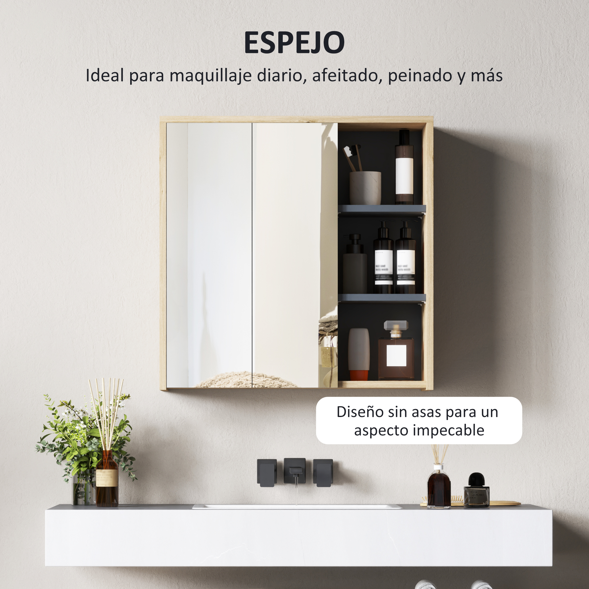 Un armario de madera con espejo y dos puertas, lleno de artículos de baño, sobre un lavabo.