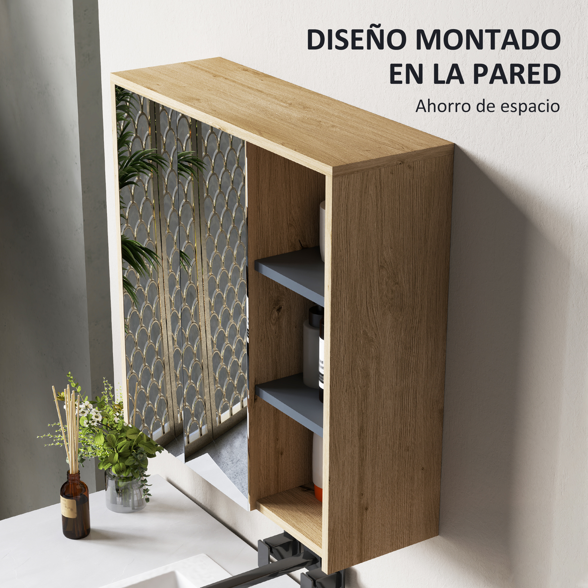 Un armario de madera montado en la pared con puerta de espejo.