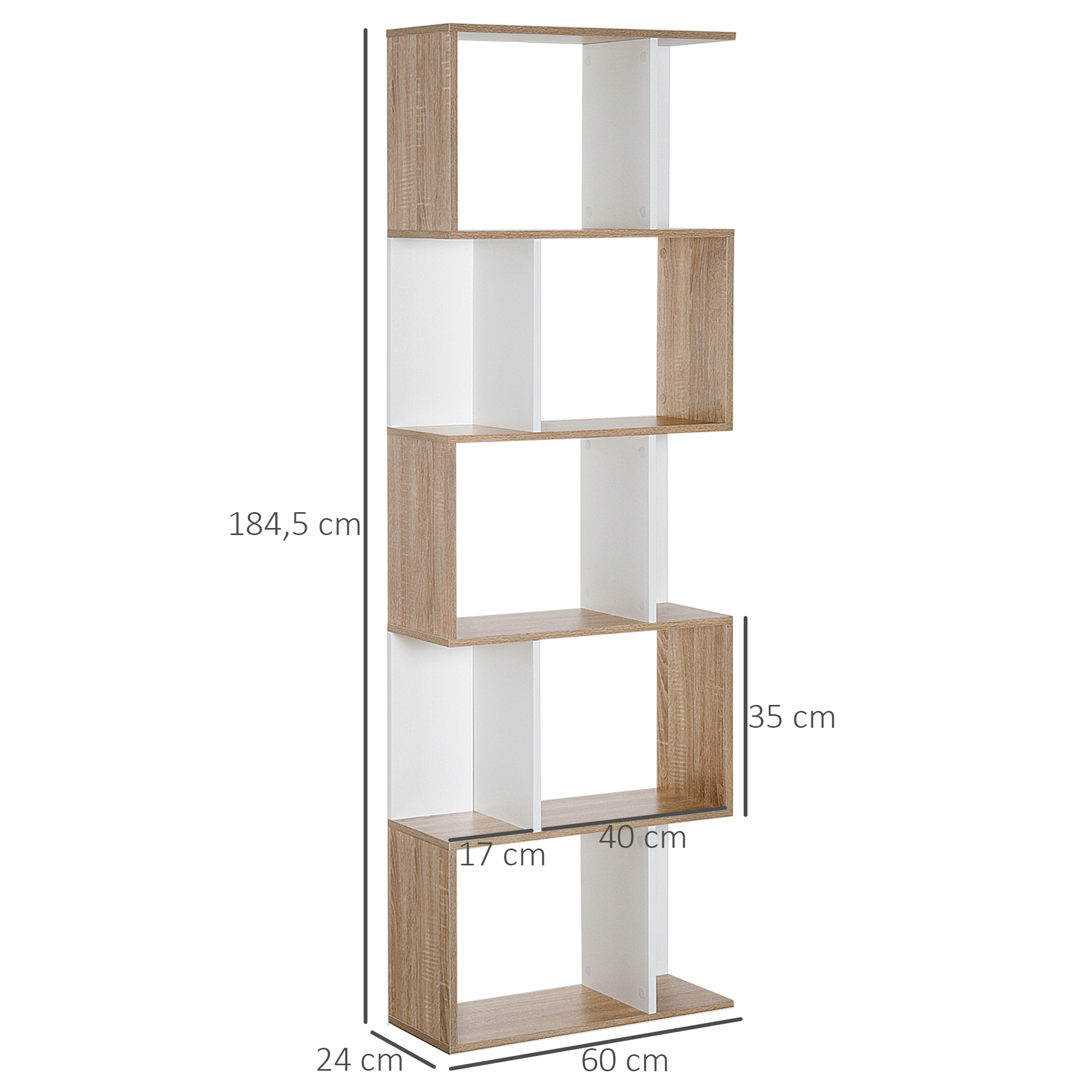 Un estante alto y estrecho de 5 niveles, de madera y blanco.
