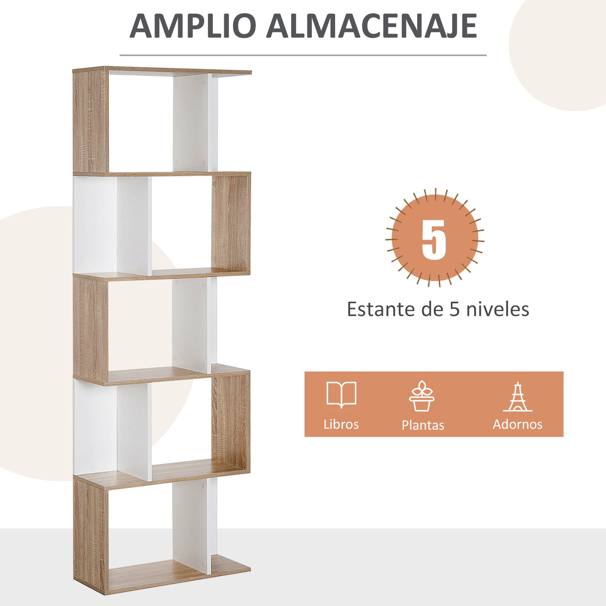 Estantería de cinco niveles en madera y blanco, con iconos de libros, plantas y adornos.