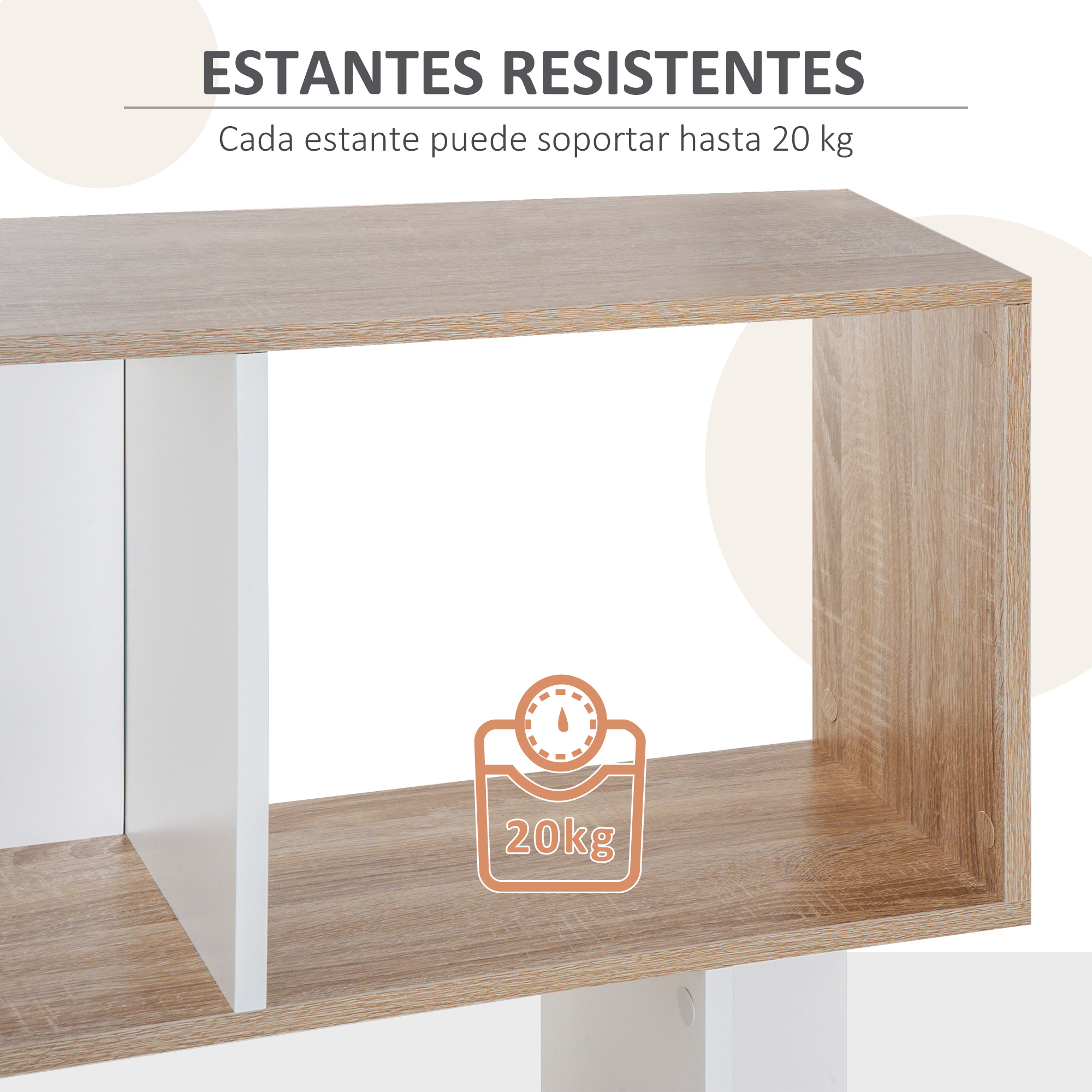 Estante de madera con divisor blanco e icono de báscula de 20 kg.