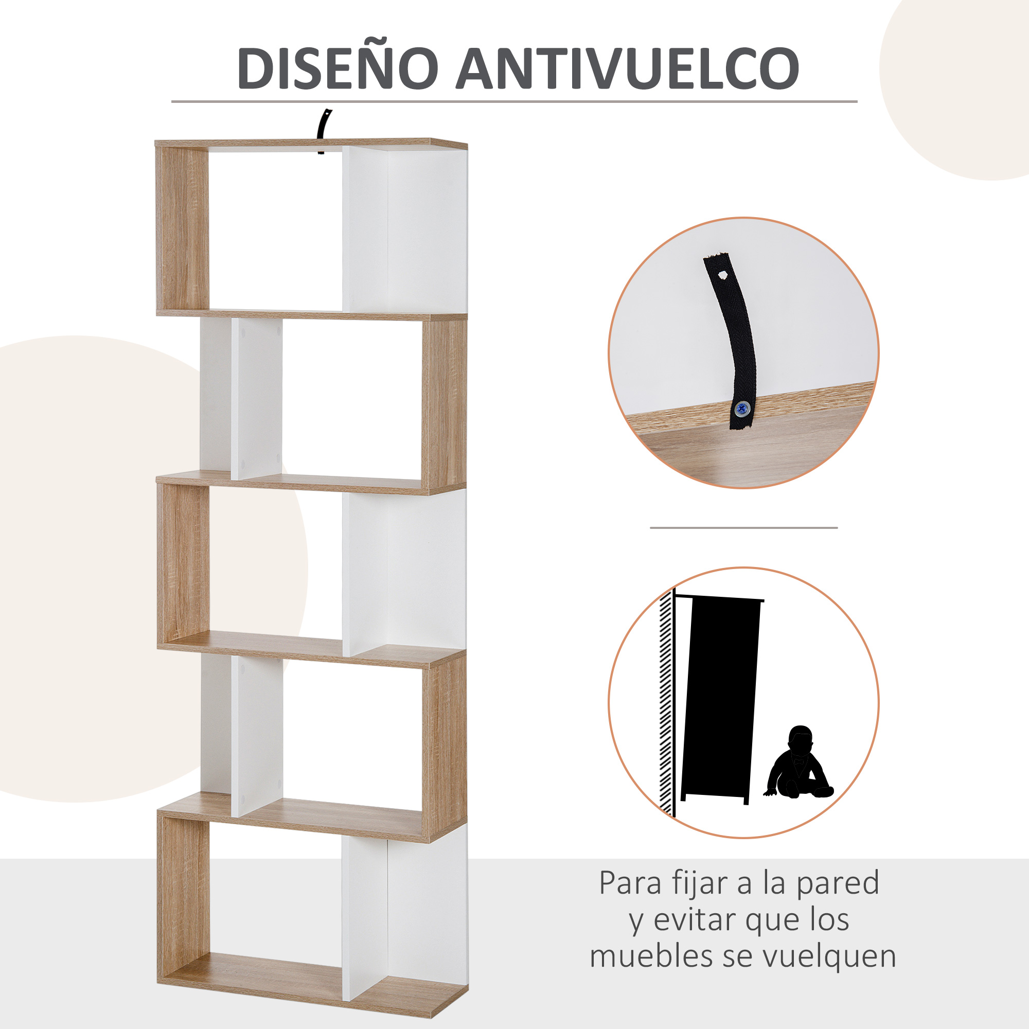 Estantería con estantes de madera y blancos, fijada a la pared con una correa.