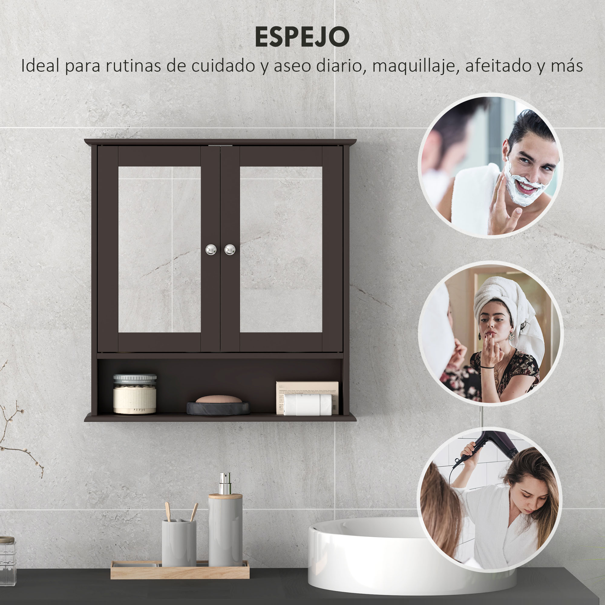 Gabinete oscuro con espejos y estantes, muestra hombres afeitándose, mujeres maquillándose y secándose el pelo.