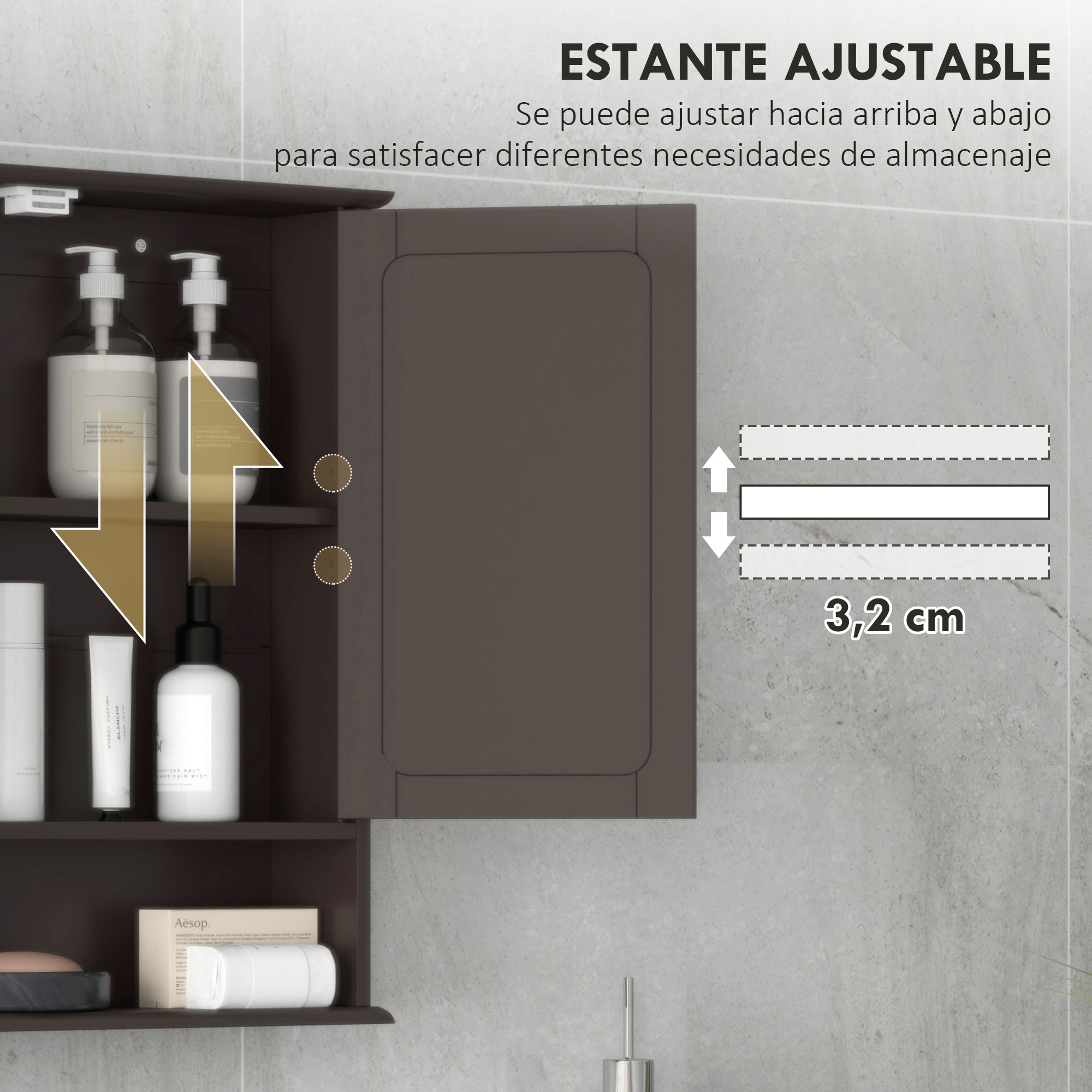 Un mueble marrón ajustable con botellas y tubos en los estantes.