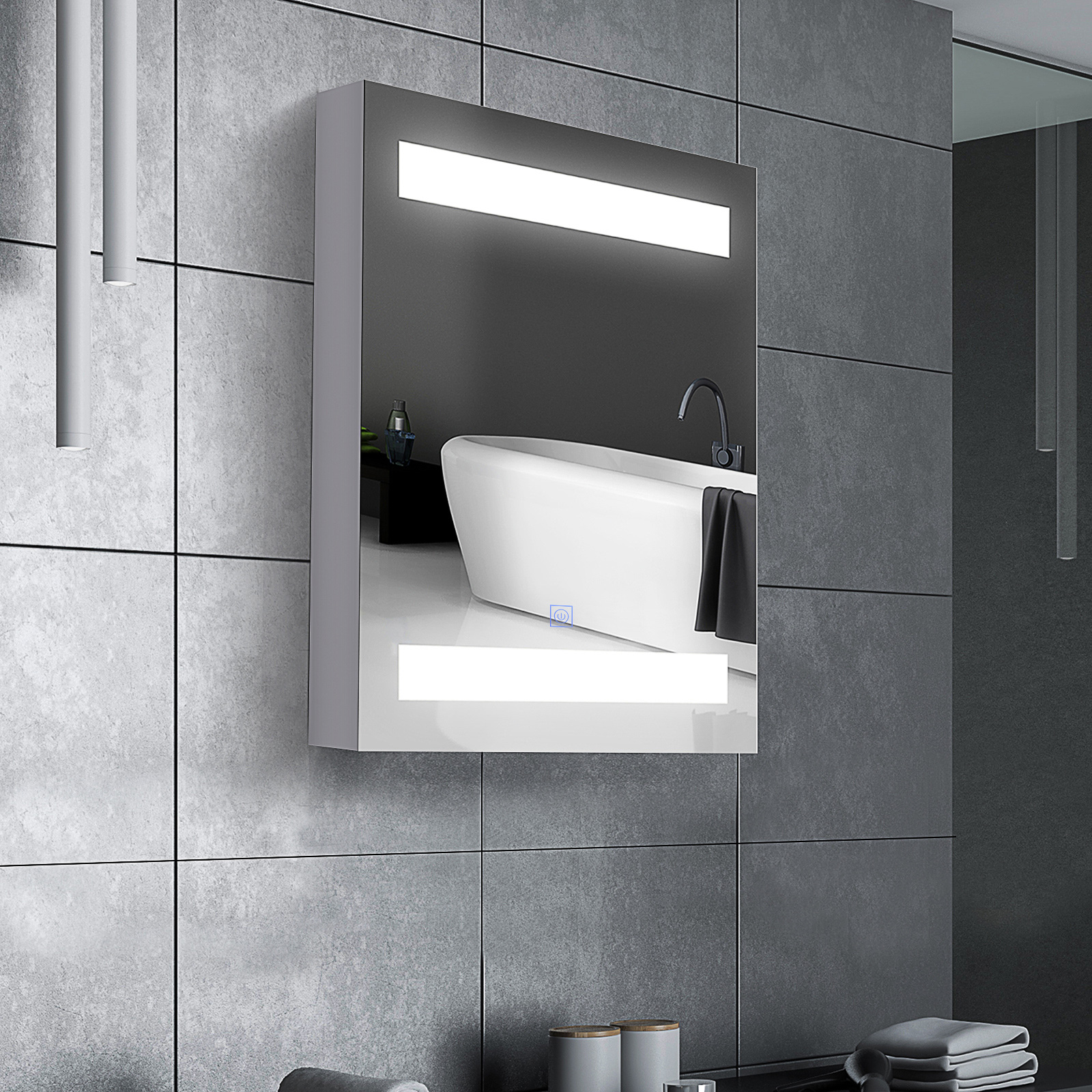 Armario de baño moderno con espejo e iluminación, mostrando una bañera.