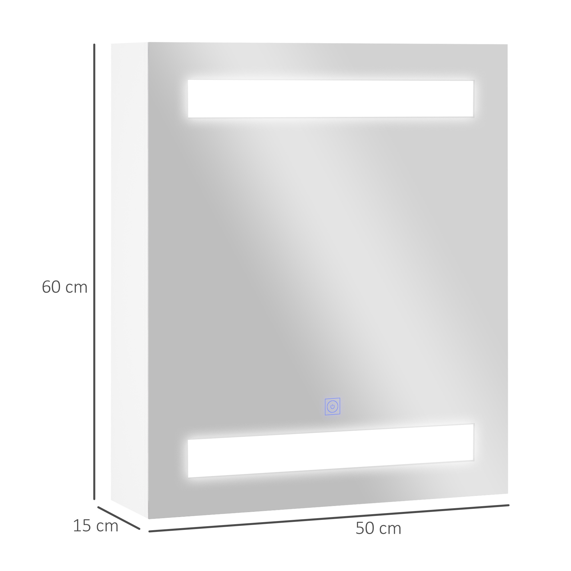 Un mueble de espejo blanco con dimensiones 60x50x15cm y dos luces LED integradas.