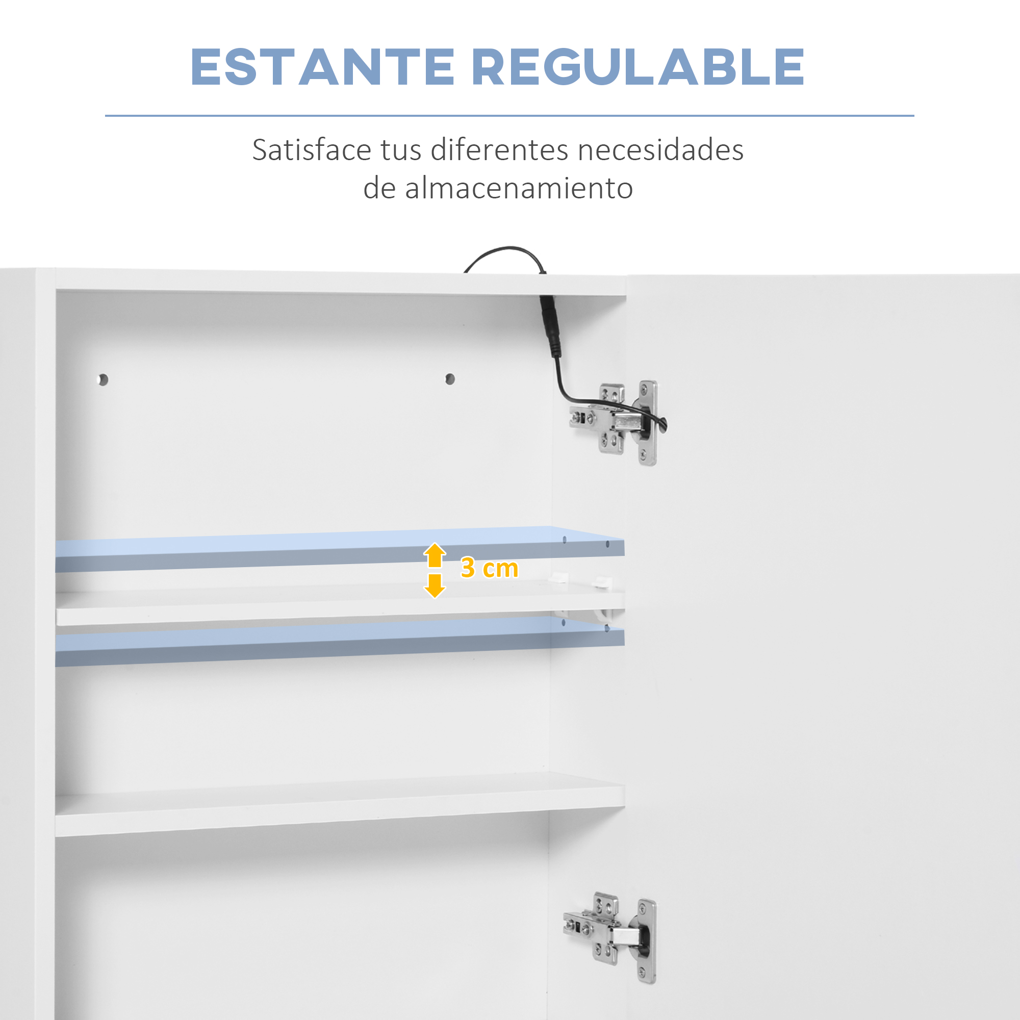 Un armario blanco con estantes y bisagras ajustables. Una flecha indica 3 cm.