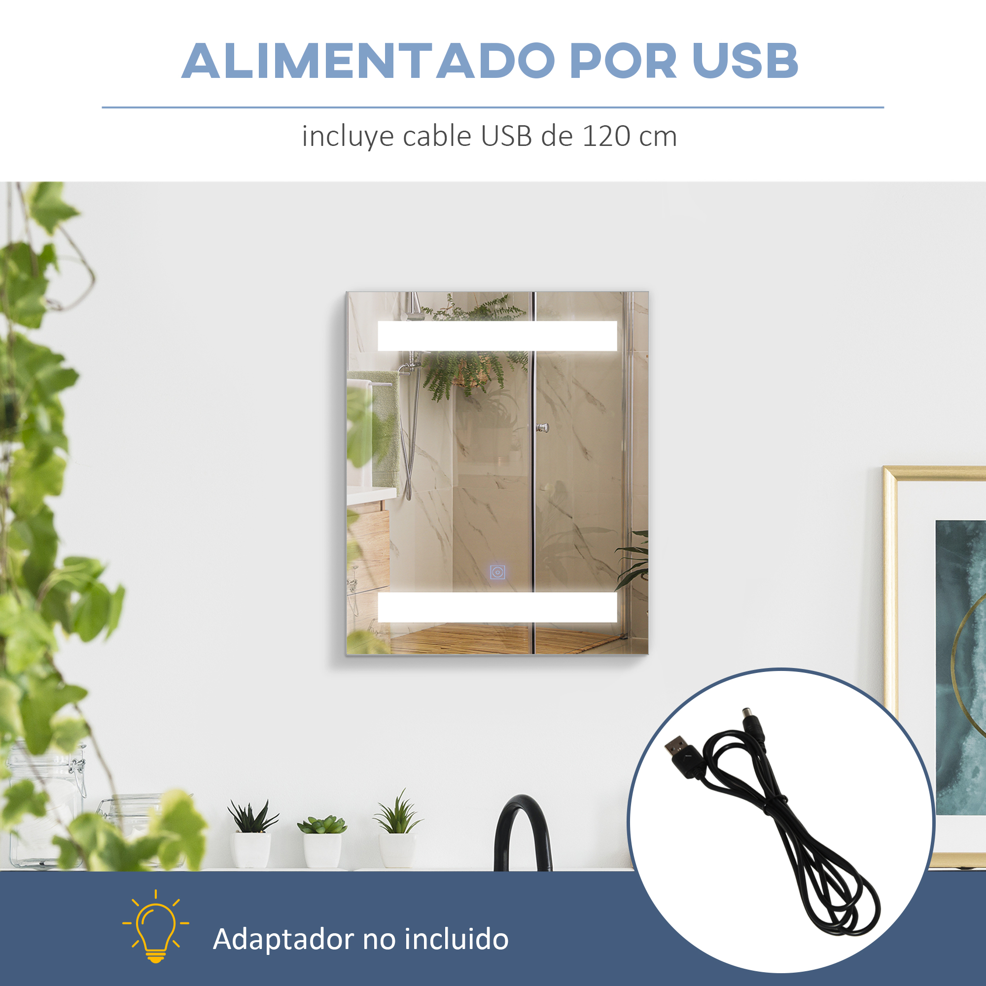 Un espejo iluminado con un cable USB.