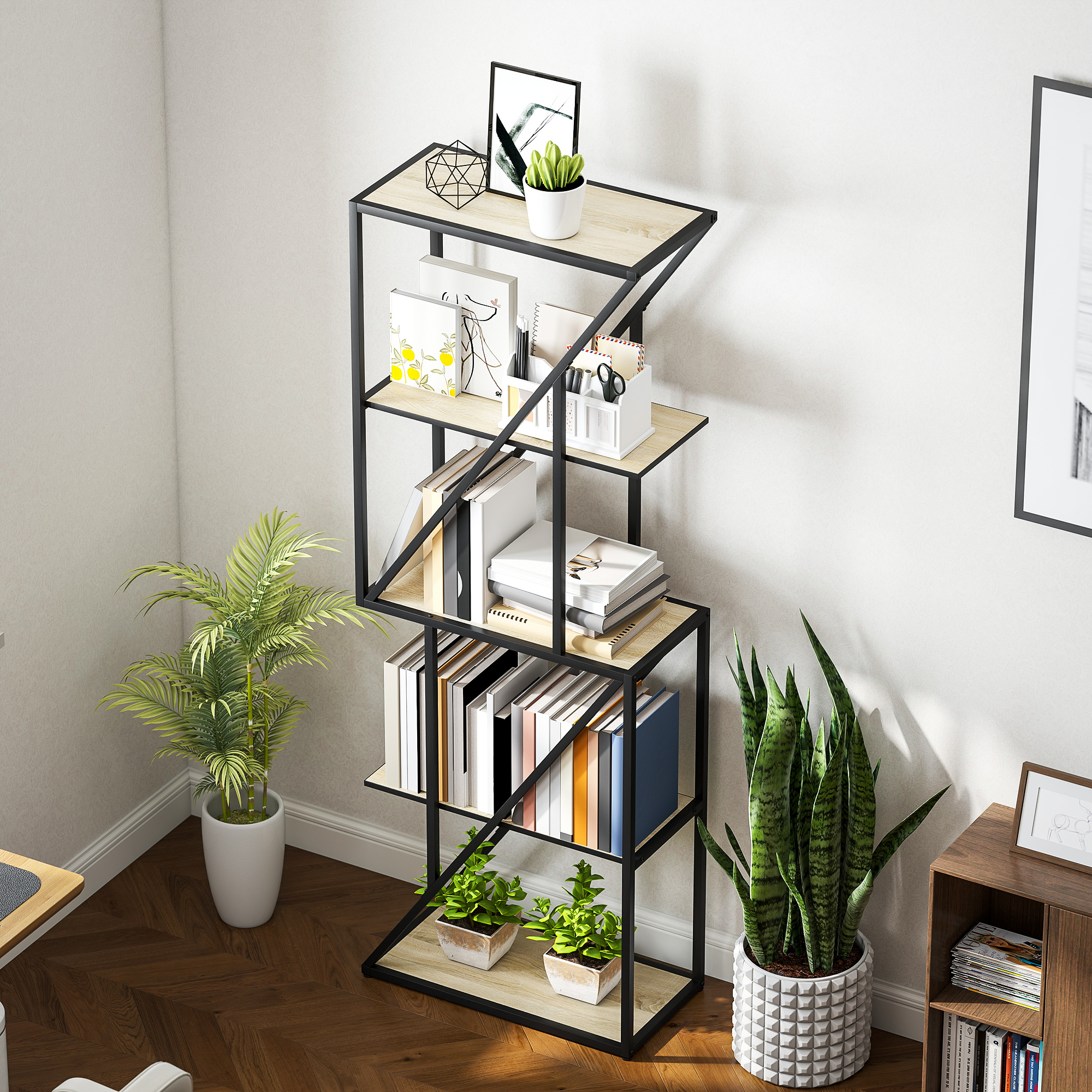 Una estantería con libros, plantas y objetos decorativos en una habitación luminosa.