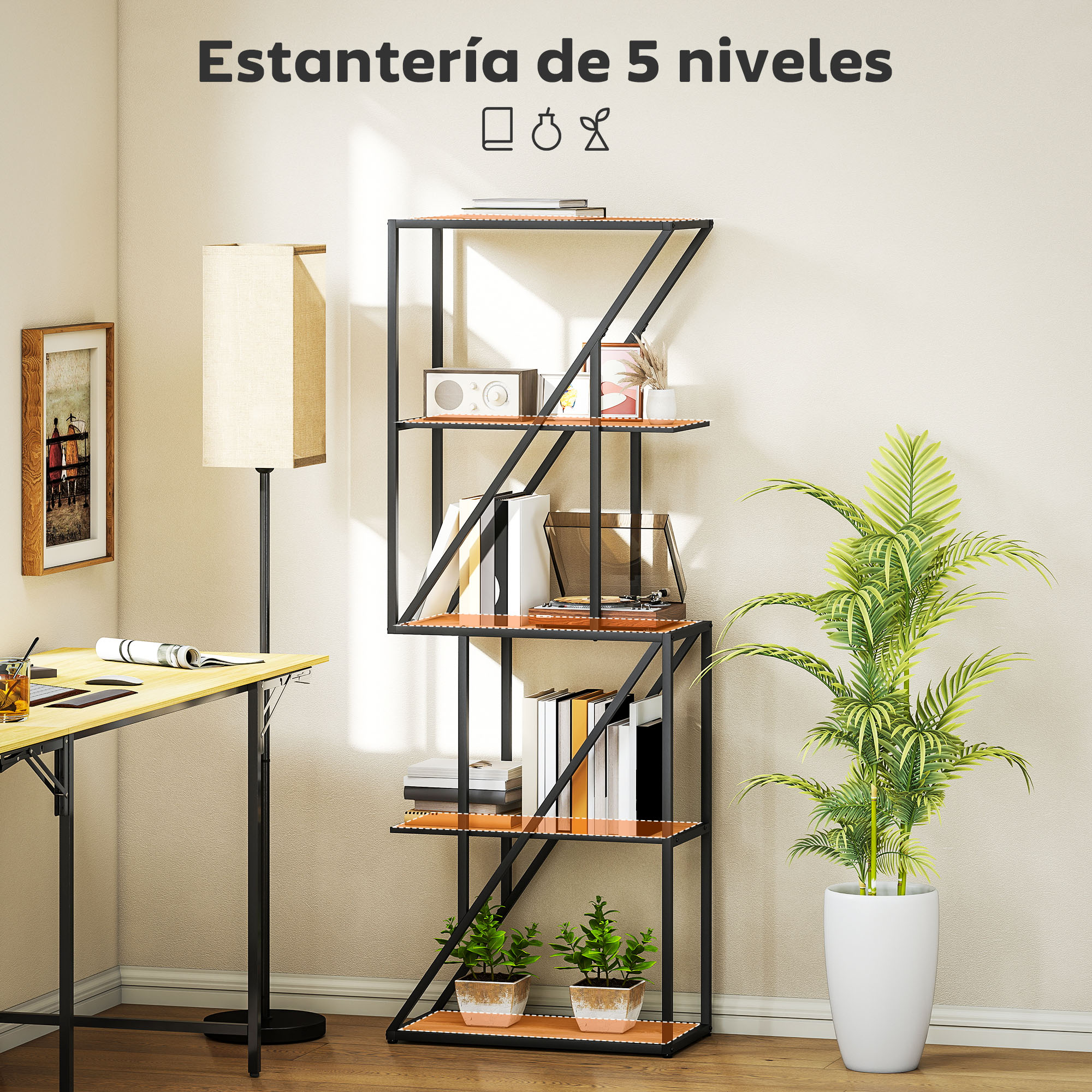 Una estantería de 5 niveles con libros, plantas y tocadiscos.