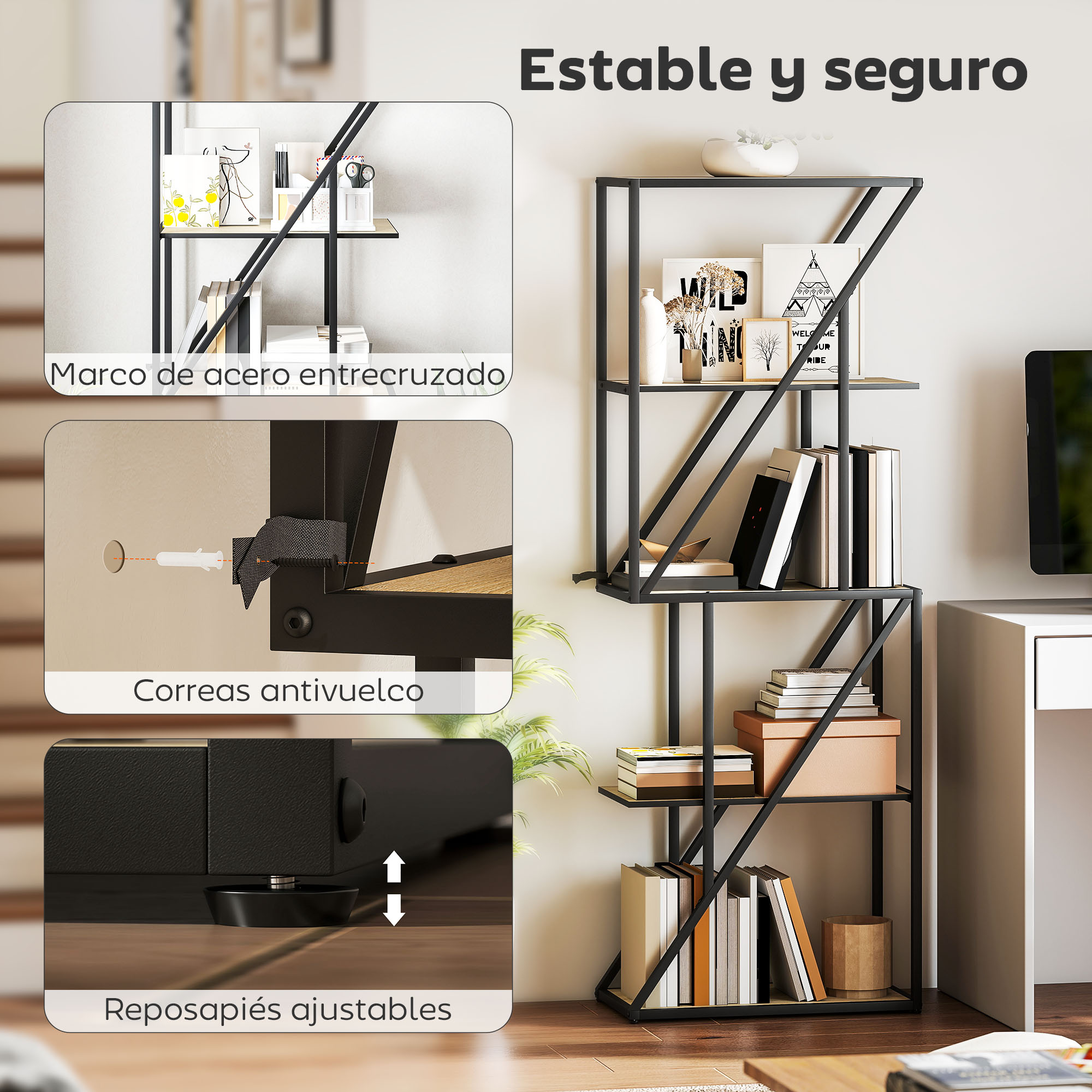 Un estante negro con libros y decoración, con primeros planos de detalles.