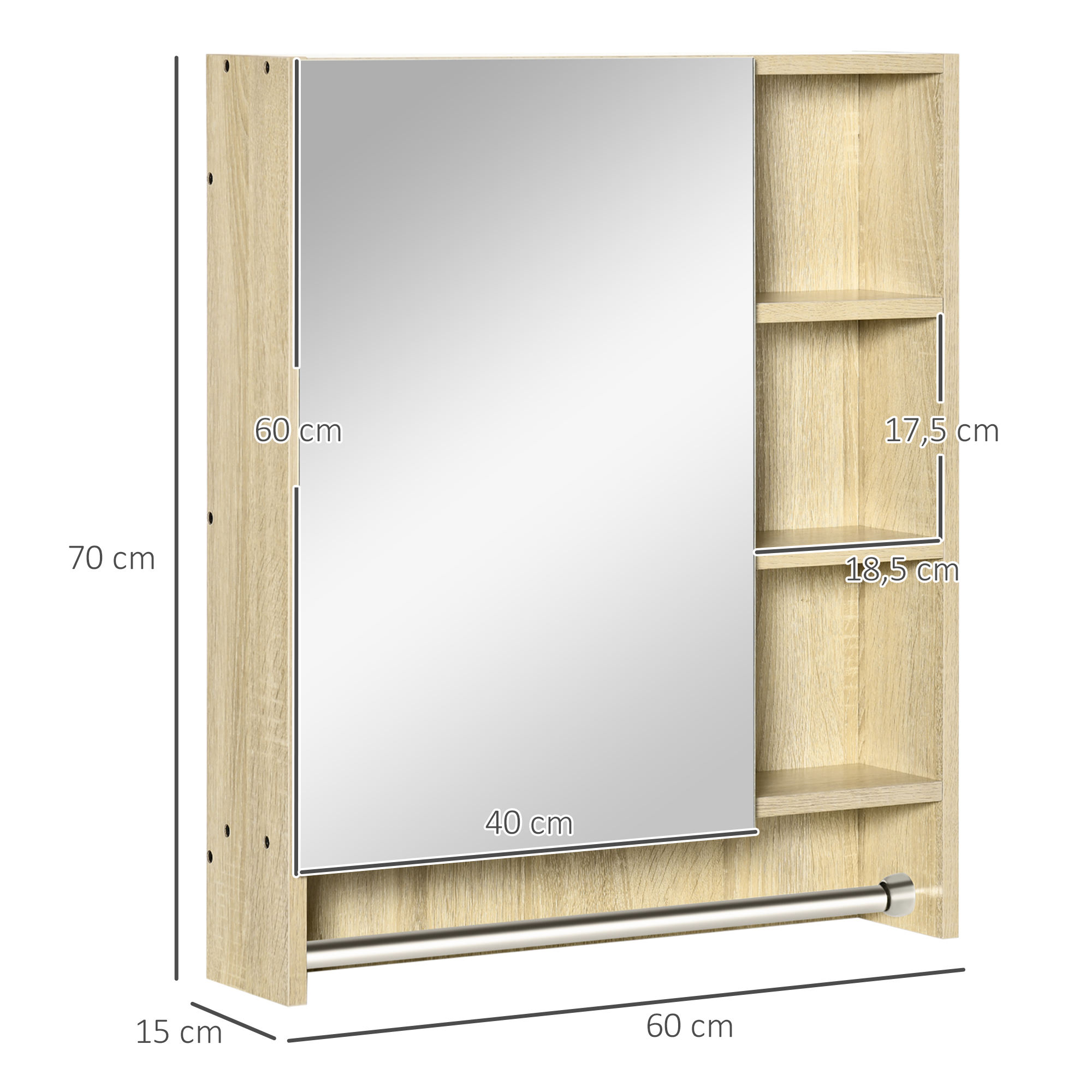 Armario de baño de madera con espejo y estantes. Dimensiones: 70x60x15cm.