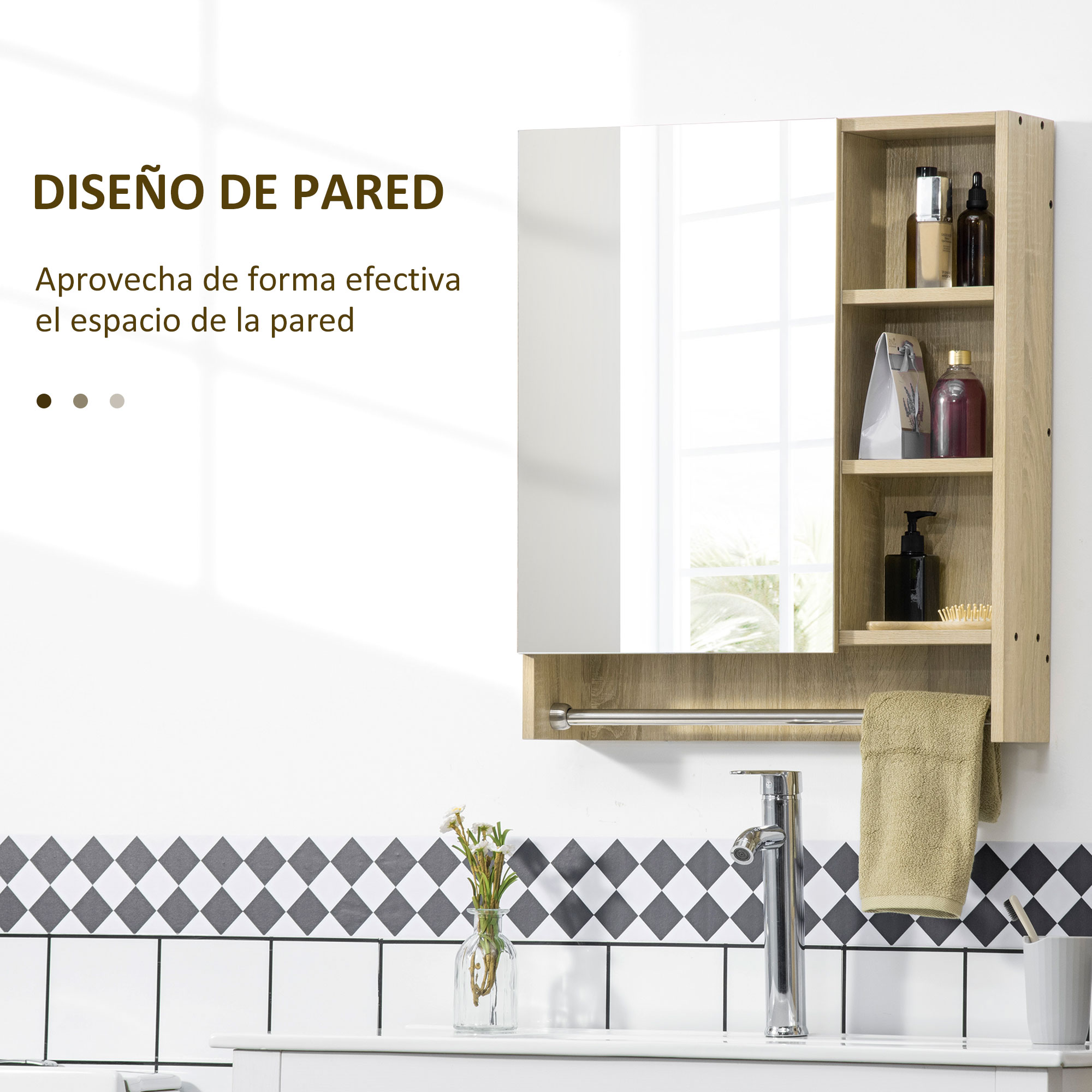 Un armario de pared de madera con espejo y estantes con artículos de tocador se encuentra sobre un lavabo.