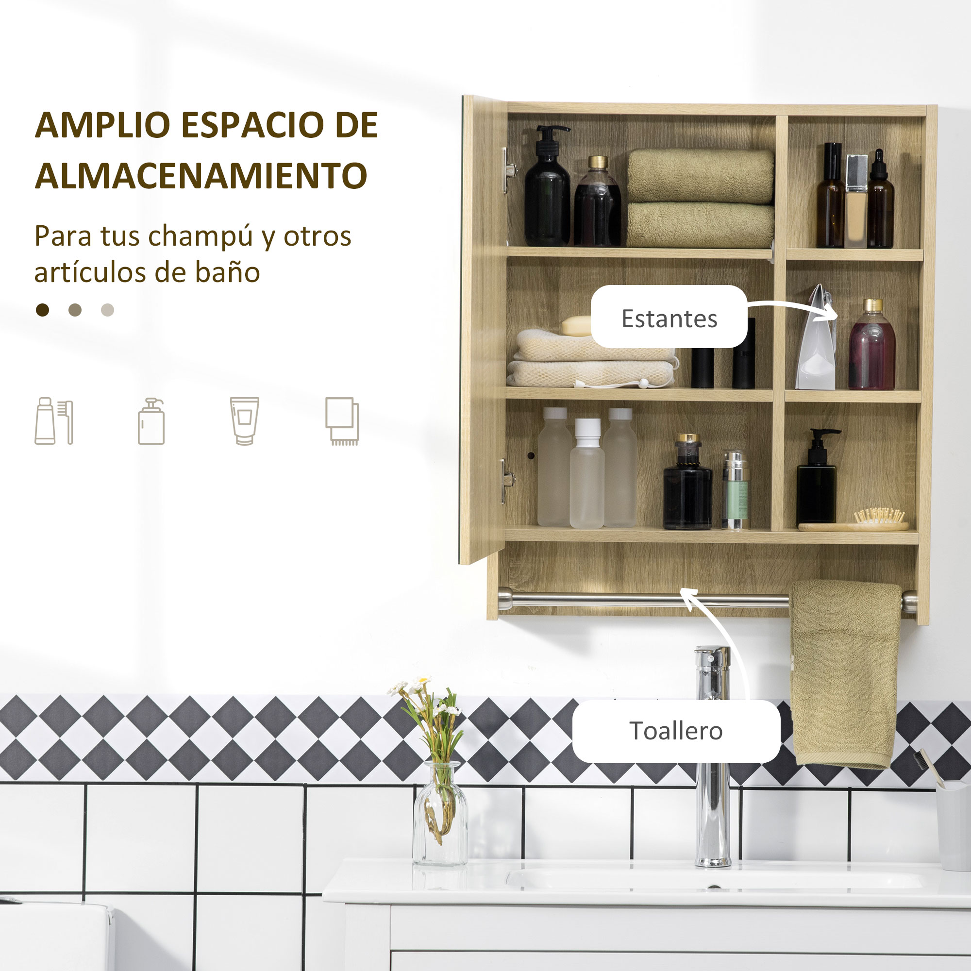 Un mueble de baño marrón claro con estantes abiertos, con toallas y botellas.