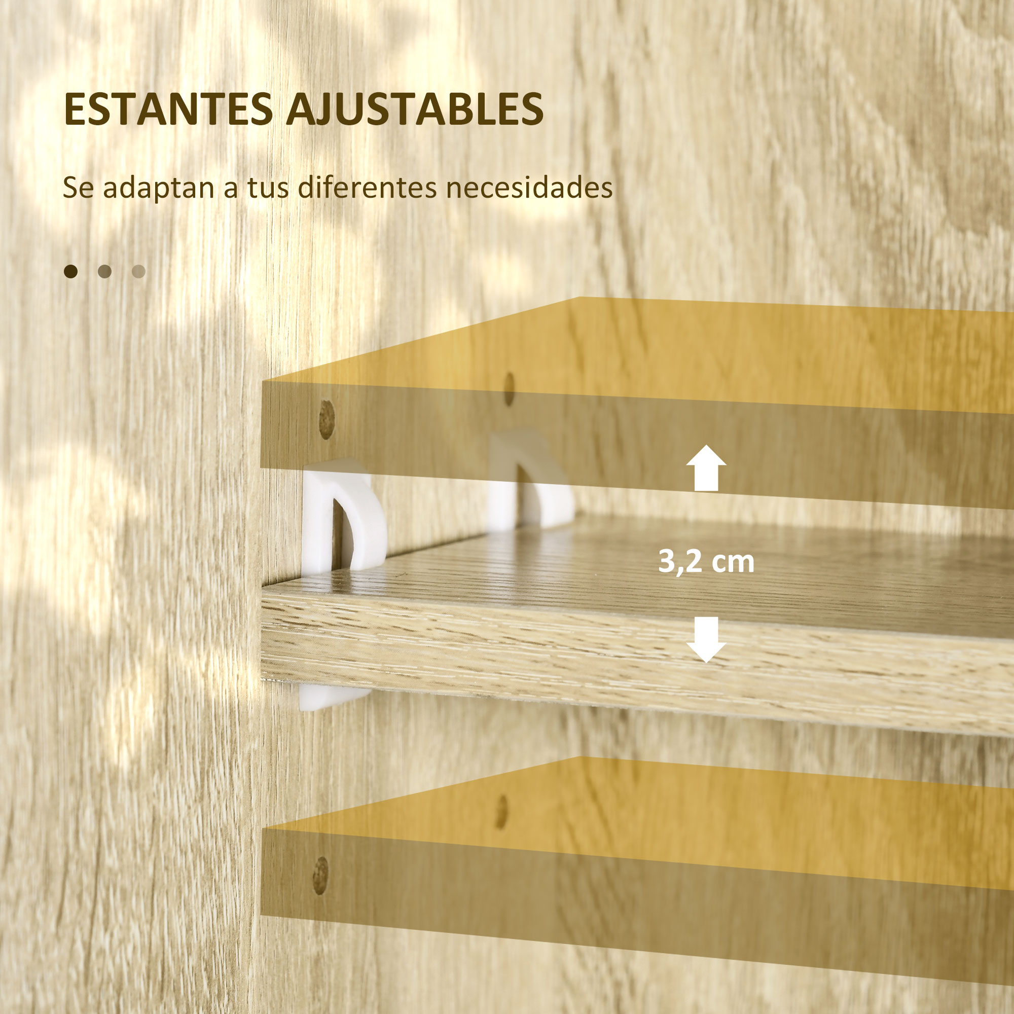 Estantes de madera ajustables con soportes blancos y altura de 3,2 cm.