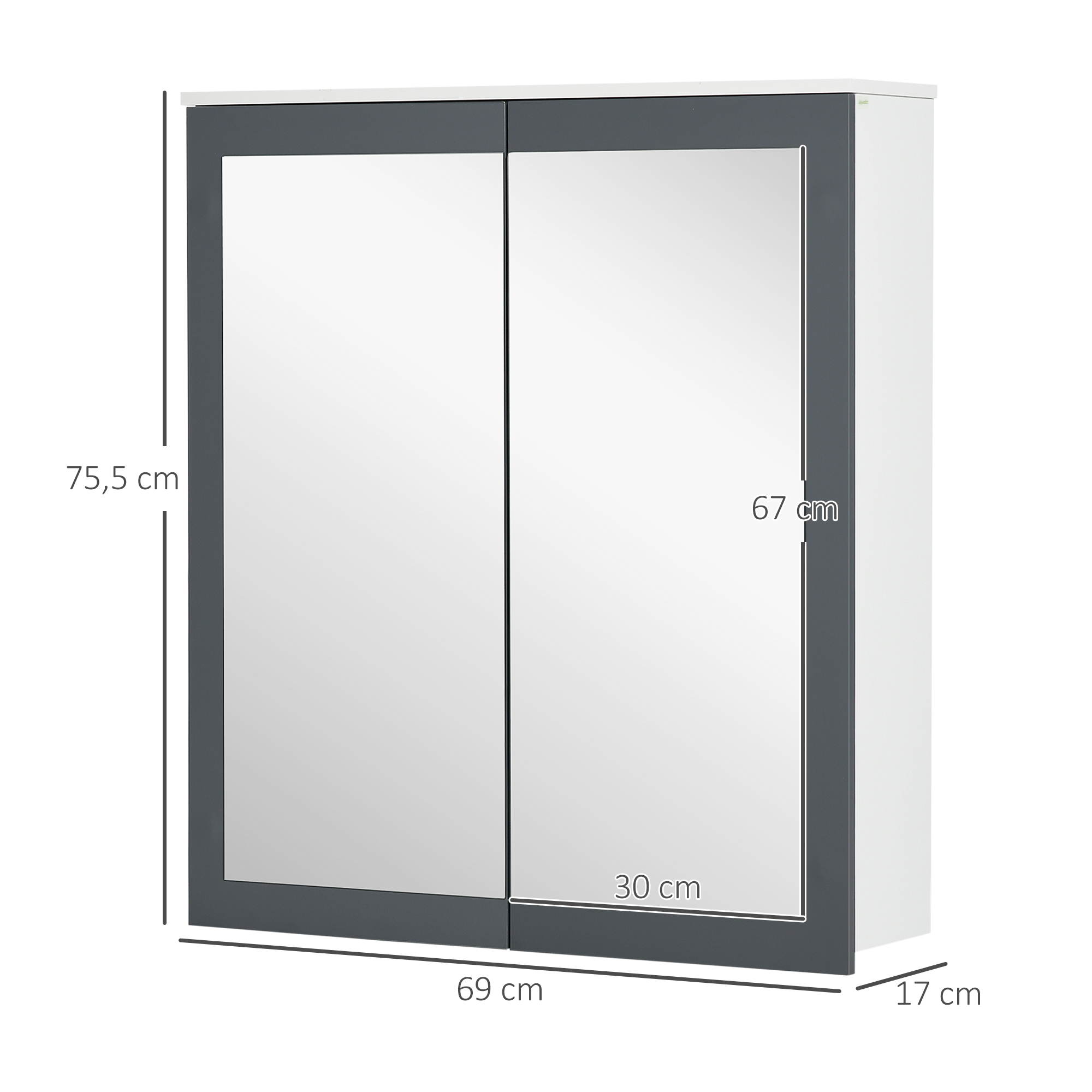Un armario blanco con dos puertas de espejo. Se indican las dimensiones.