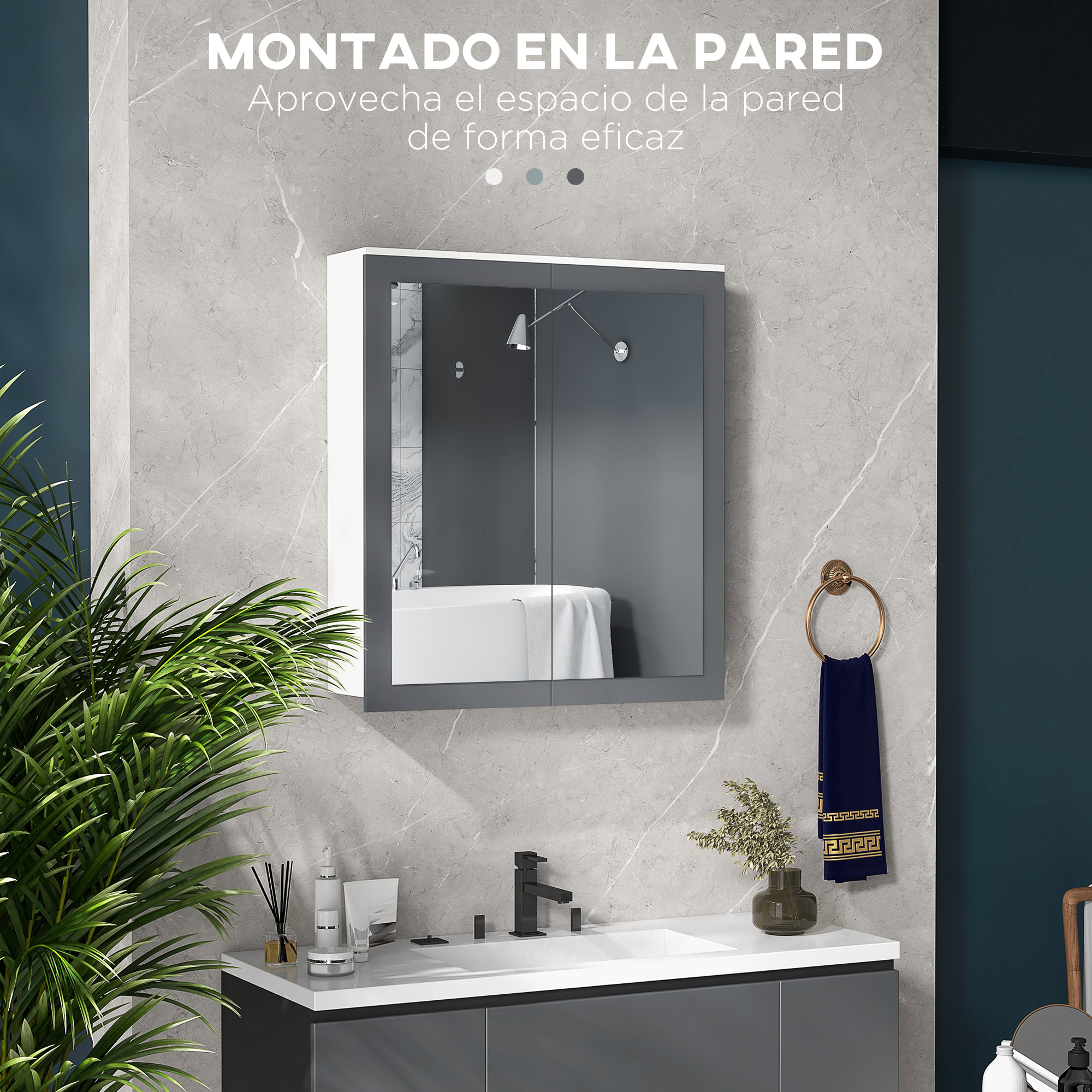 Un mueble de baño con espejo sobre un lavabo, con una planta al lado.