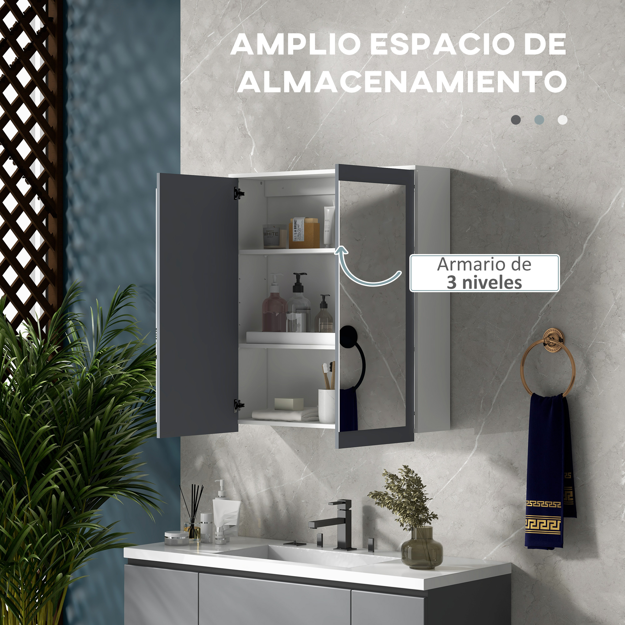 Gabinete de baño con puertas abiertas, lavabo y plantas.