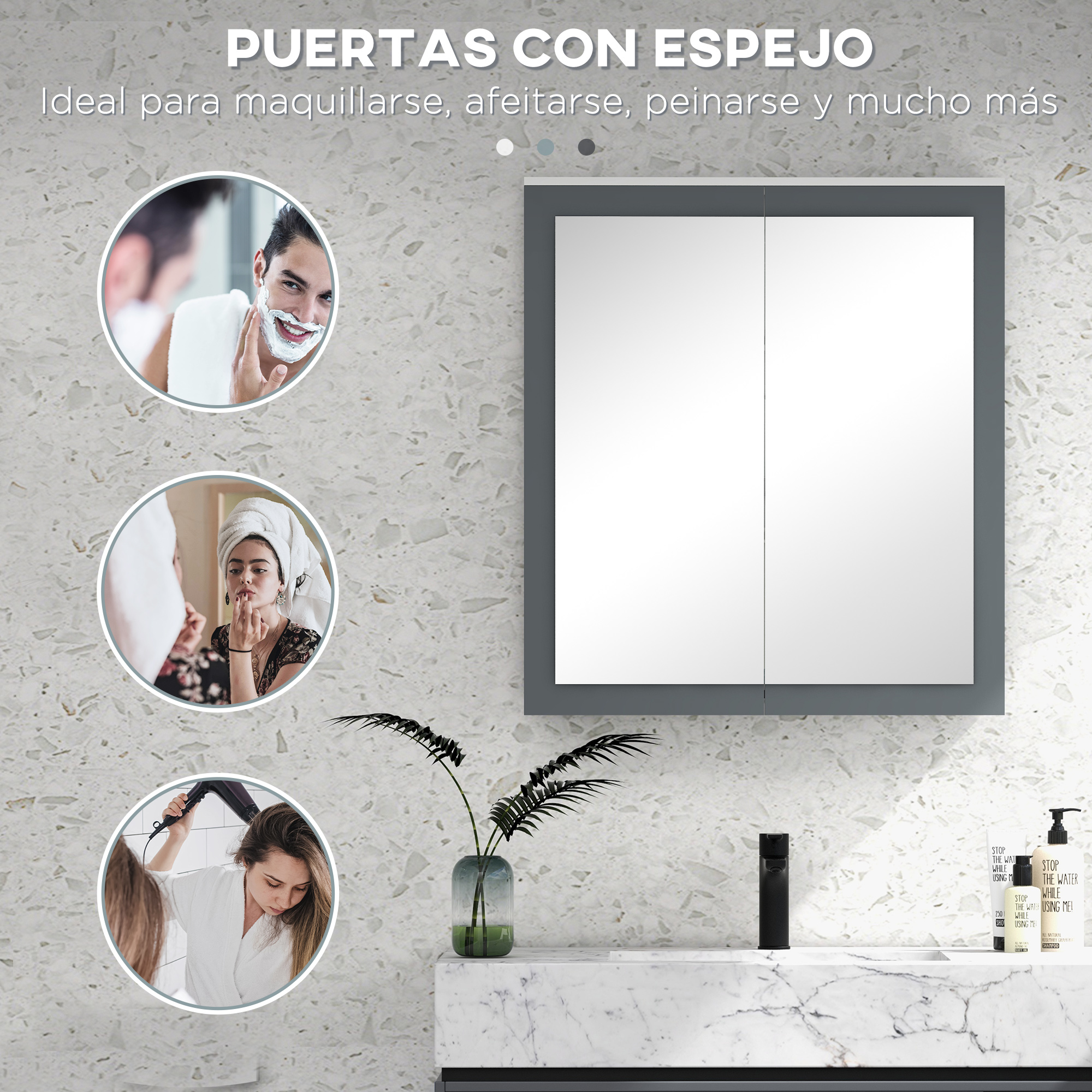 Armario de baño con espejos. Hombre afeitándose, mujer maquillándose, mujer secándose el pelo.