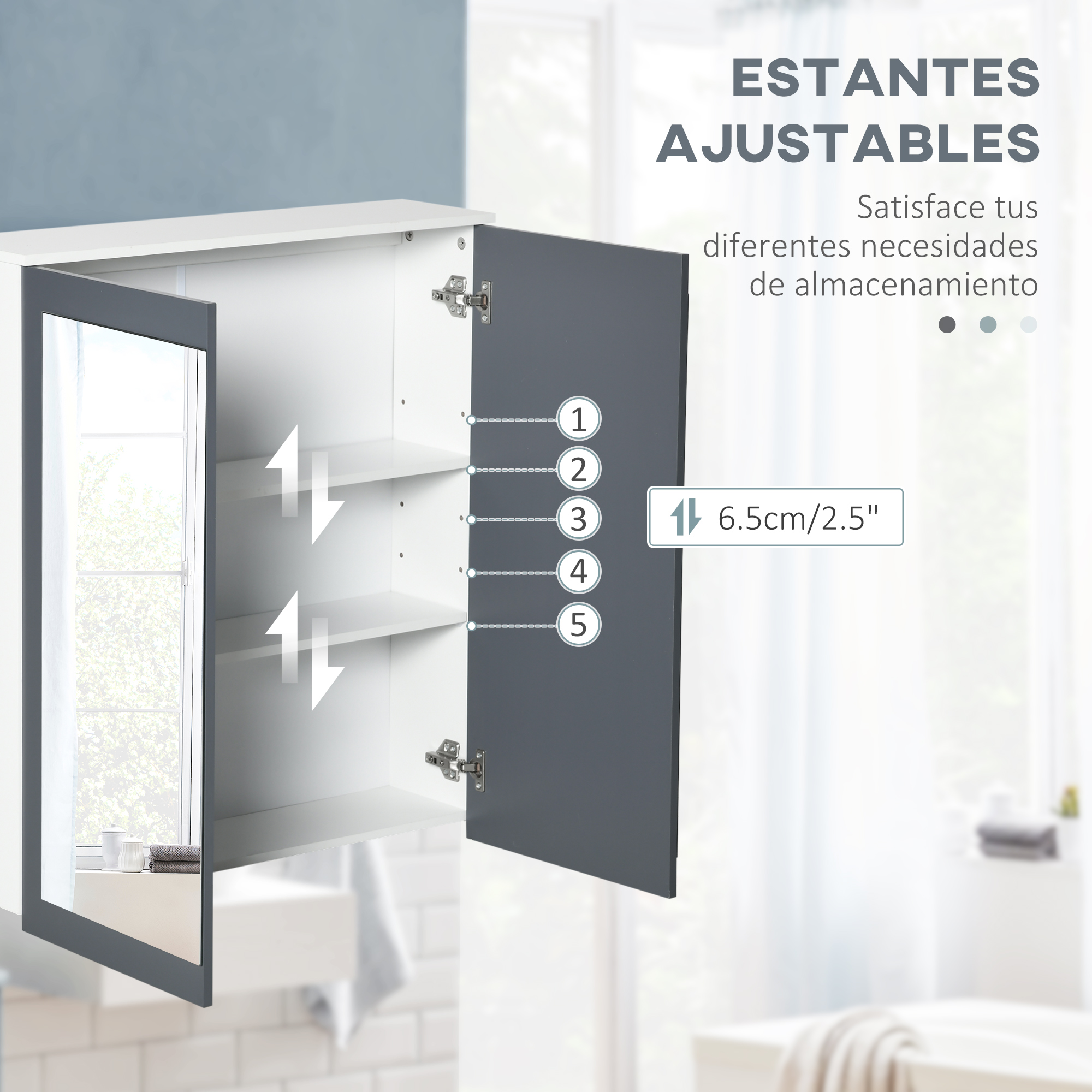 Un armario de baño blanco abierto con puerta gris y estantes ajustables.