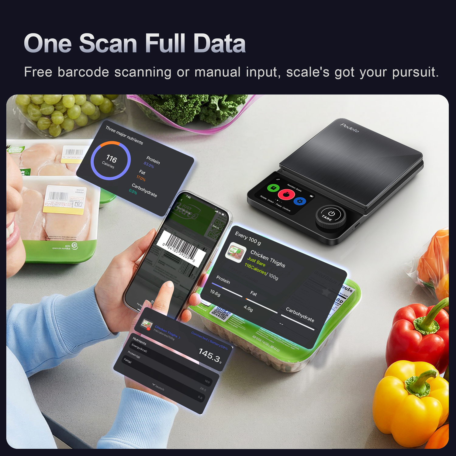 Ein schwarzer Küchentisch mit Hühnchen, Paprika, Beeren und Grünkohl neben einer digitalen Waage und einem Smartphone.
