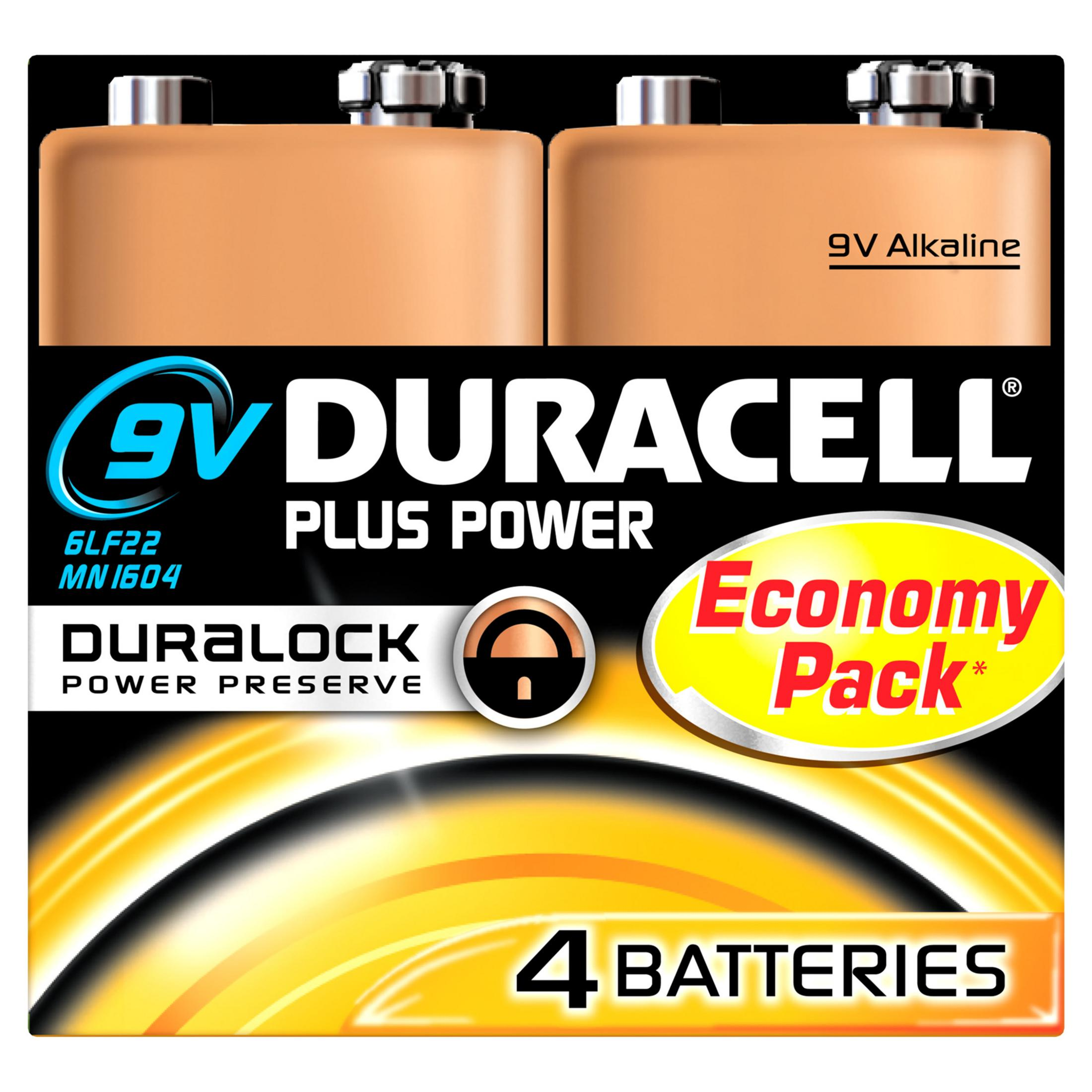Quattro batterie alcaline Duracell da 9V in confezione convenienza con Duralock.