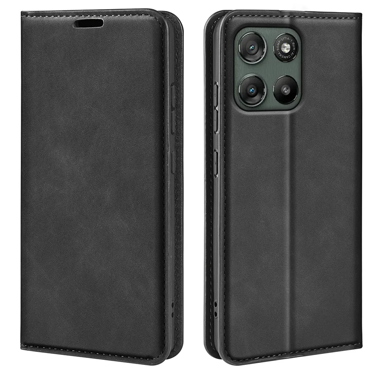 Zwarte lederen flip case voor smartphone, voor- en achterkant.