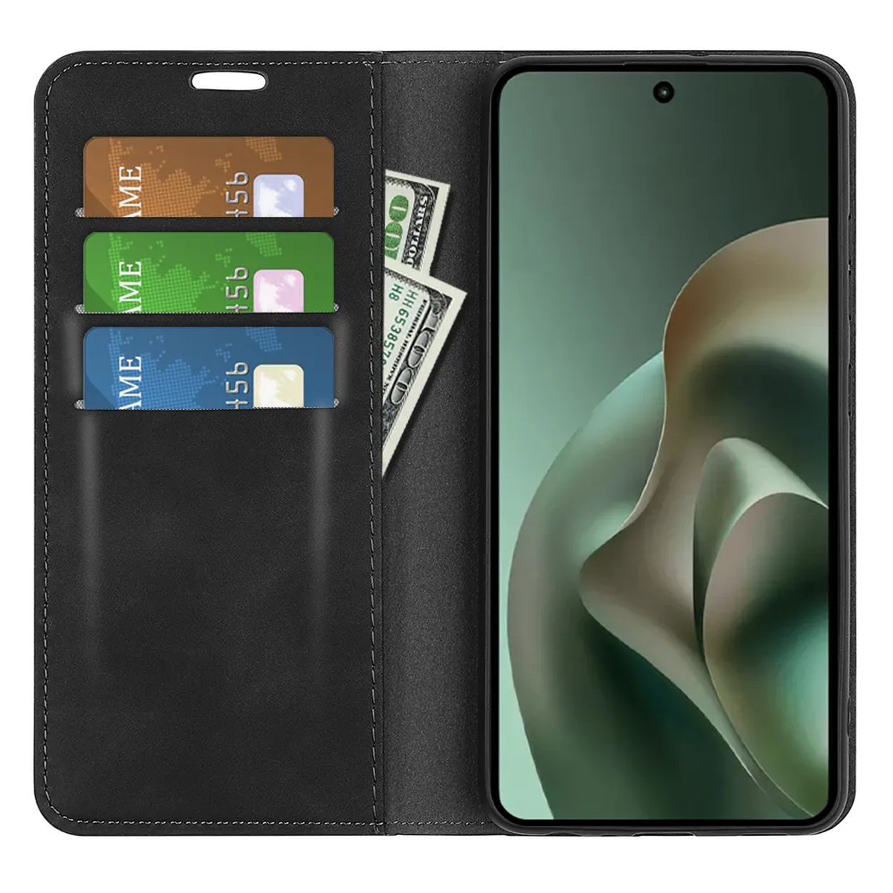 Zwarte flip telefoonhoes met drie kaartsleuven en bankbiljetten, naast een smartphone.