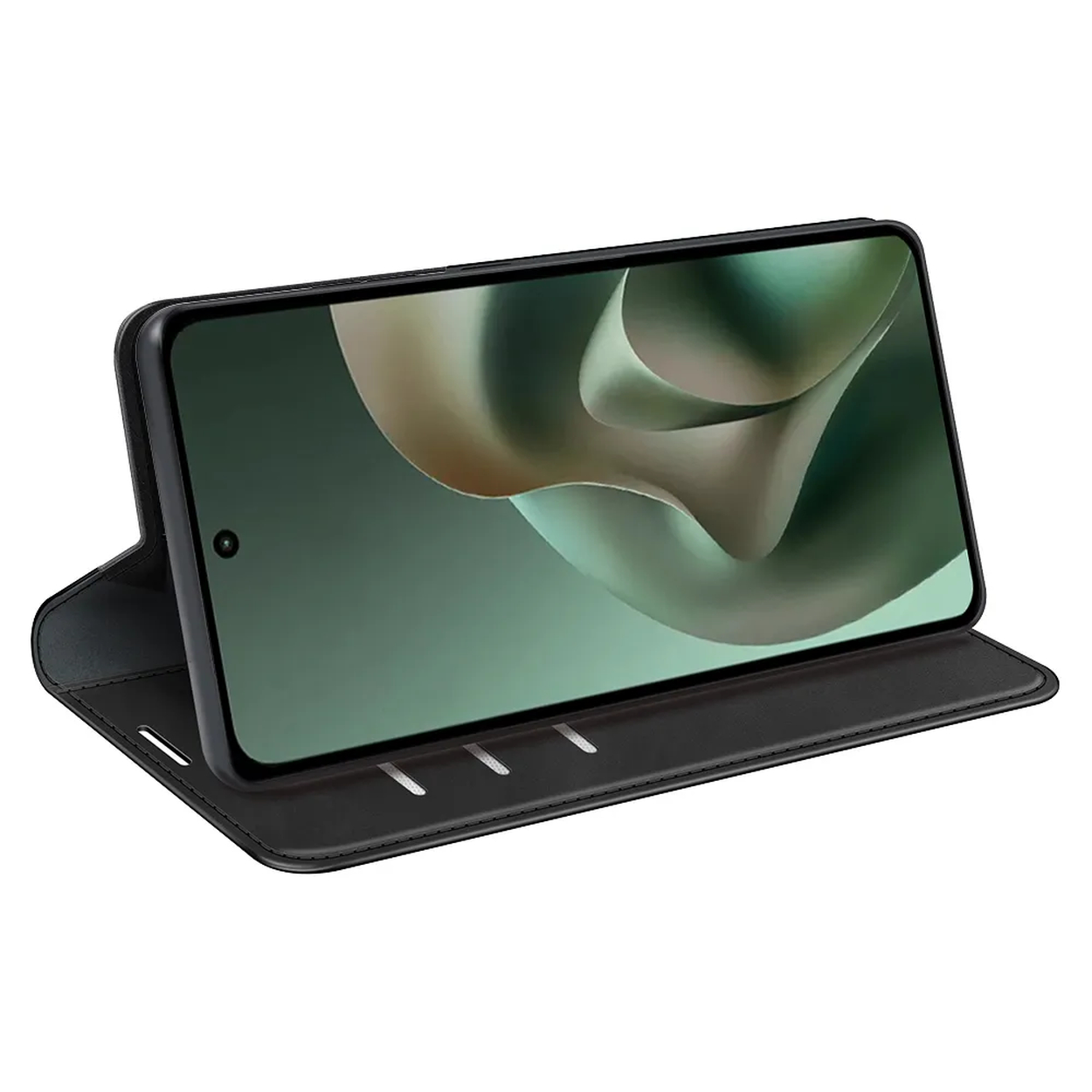 Een zwarte smartphone in een hoes staat rechtop. Het scherm toont een abstract ontwerp.