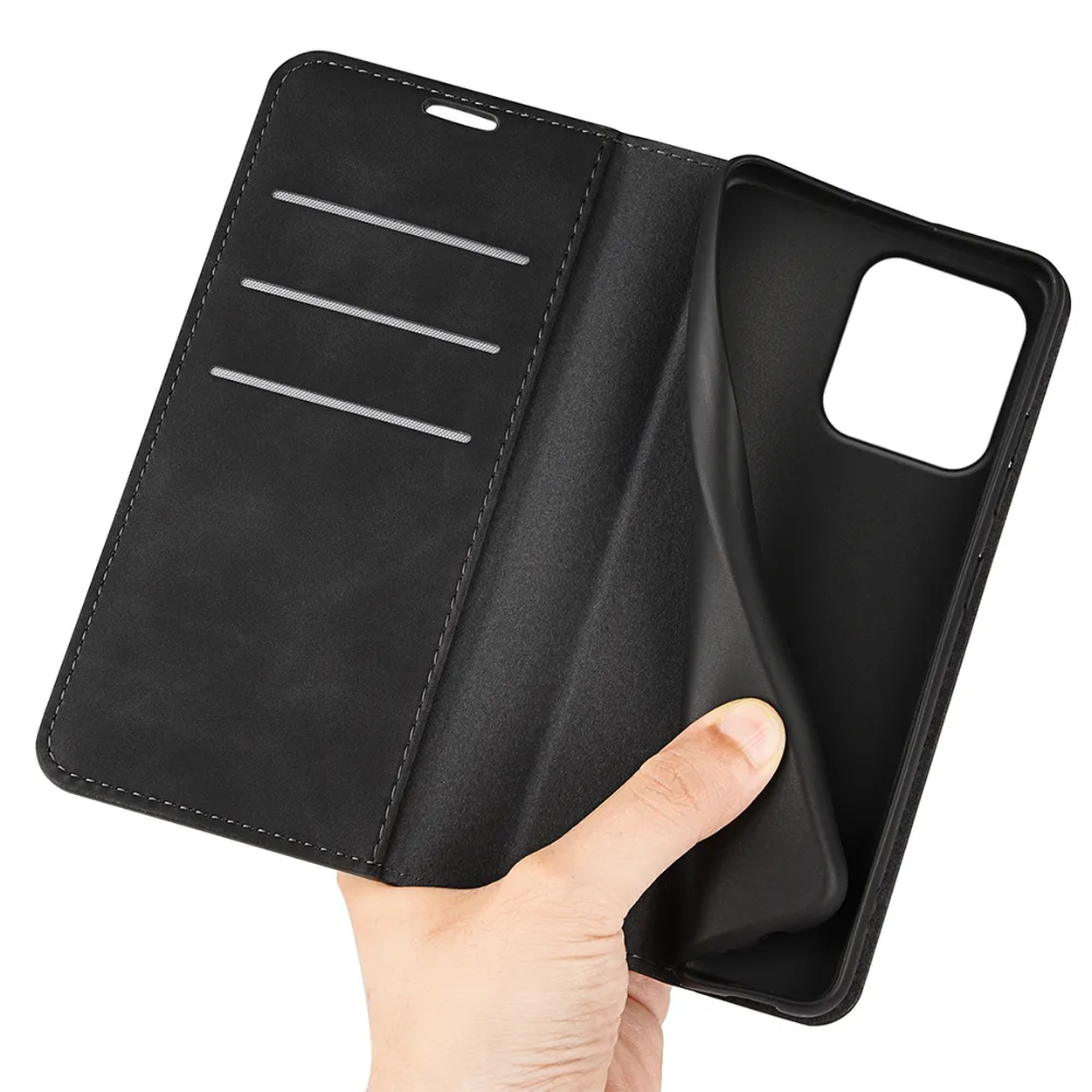 Zwarte leren flip case met kaartsleuven en open telefoonhouder.