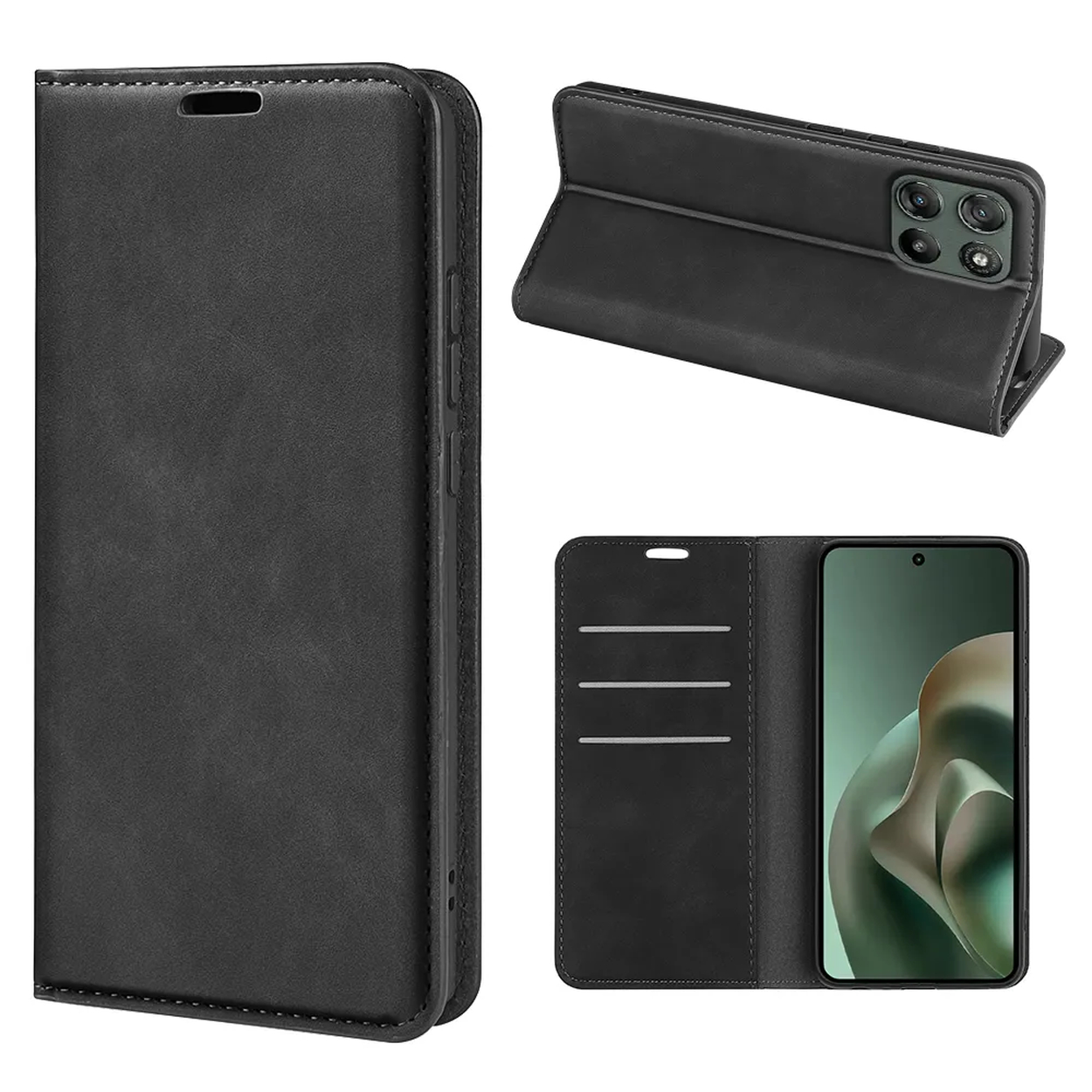 Zwarte leren flip case voor smartphone, open met kaarthouders.