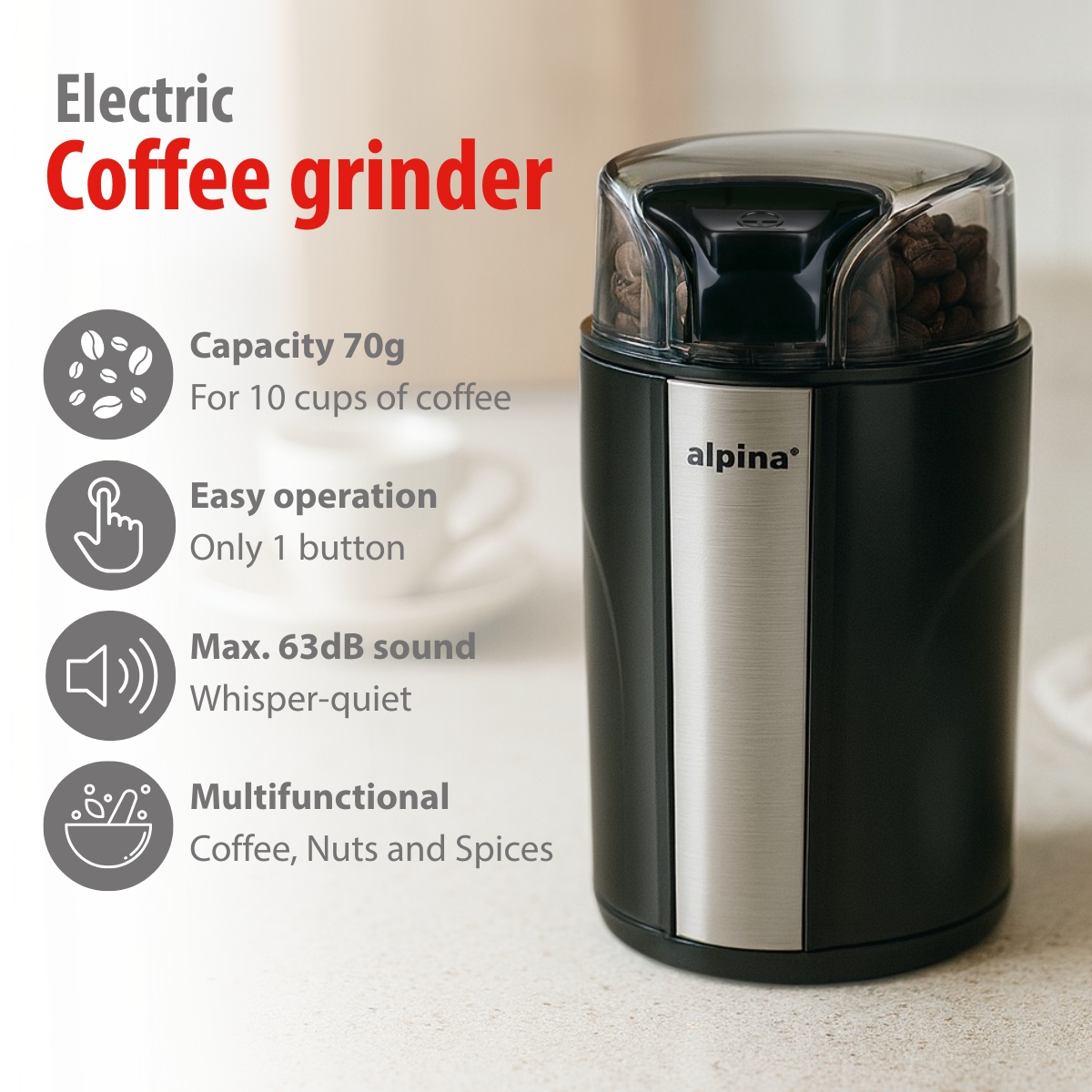 Alpina electric coffee grinder with clear lid filled with coffee beans.