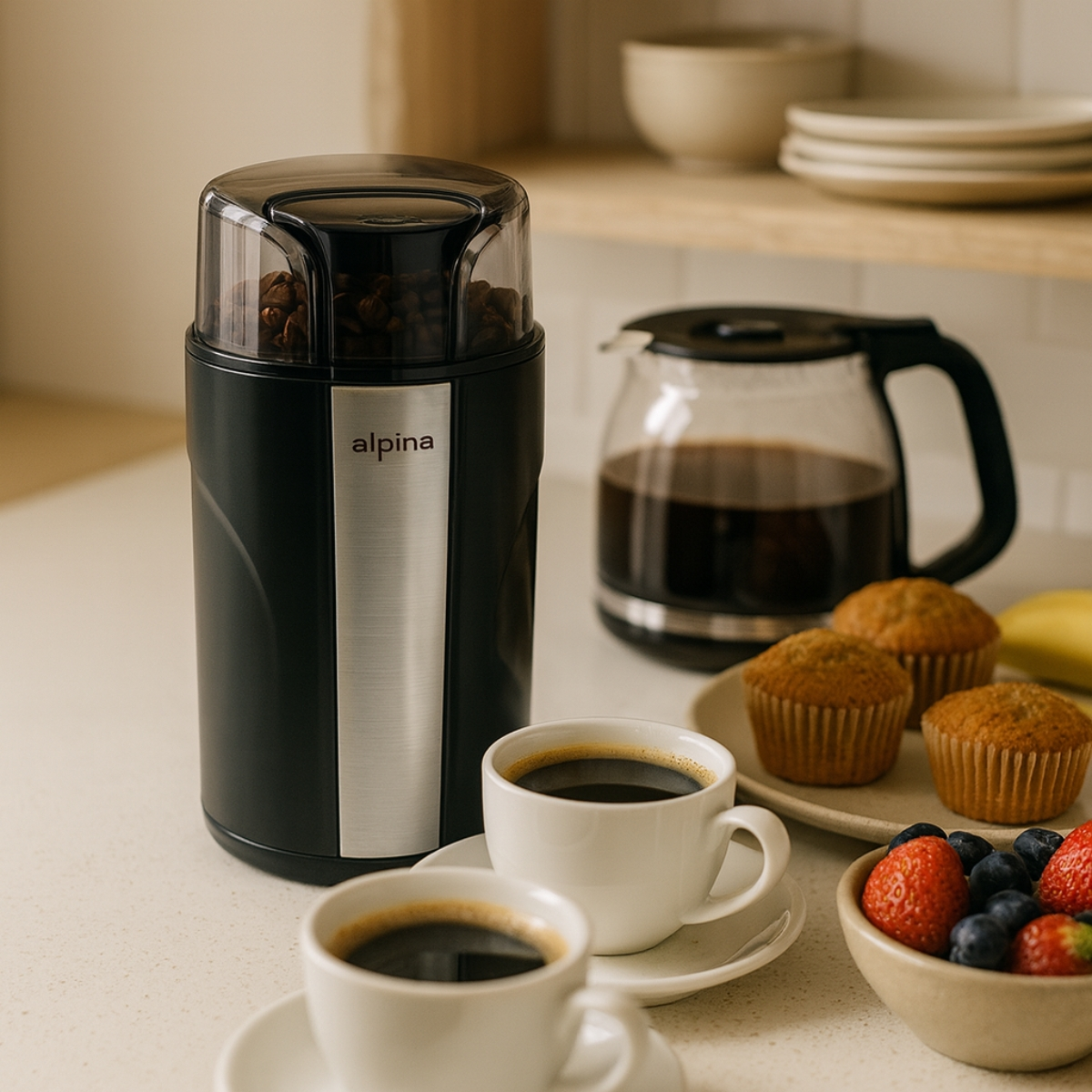 A black coffee grinder with beans, two cups of coffee, muffins, and berries.