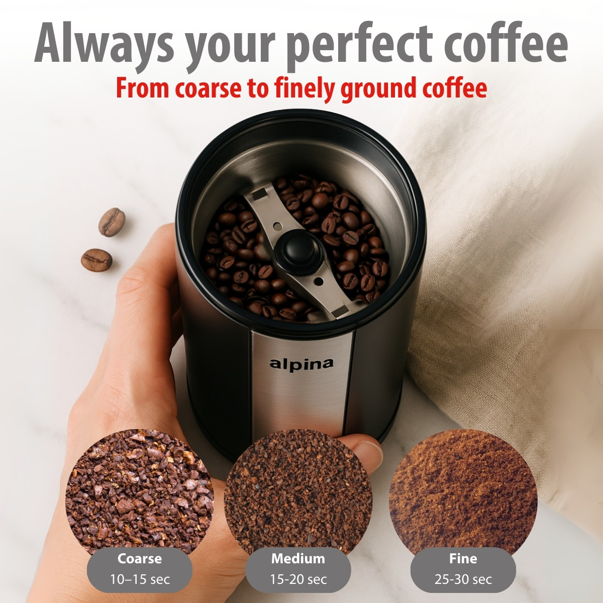 Coffee grinder with whole beans and three grind sizes: coarse, medium, and fine.