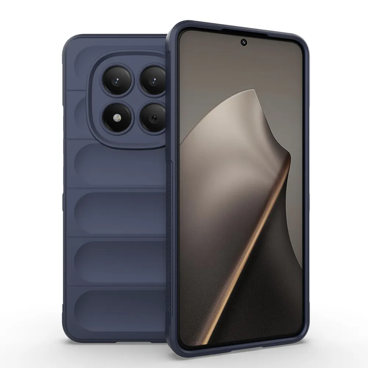 Donkerblauwe telefoonhoes met vier camera's en een telefoon met een donker scherm.