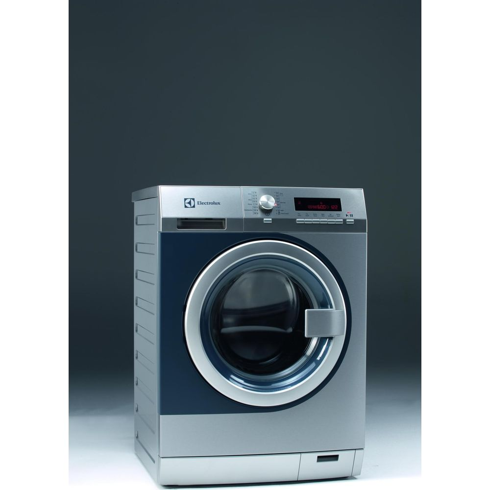 Silberne und blaue Waschmaschine mit silbernem Bullauge und Display.