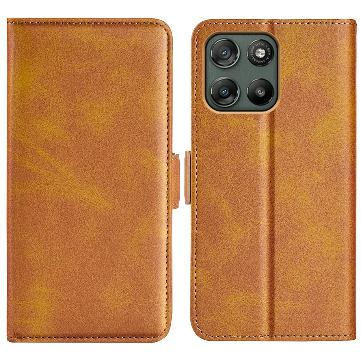 Bruine leren telefoonhoes met drie cameralenssen.