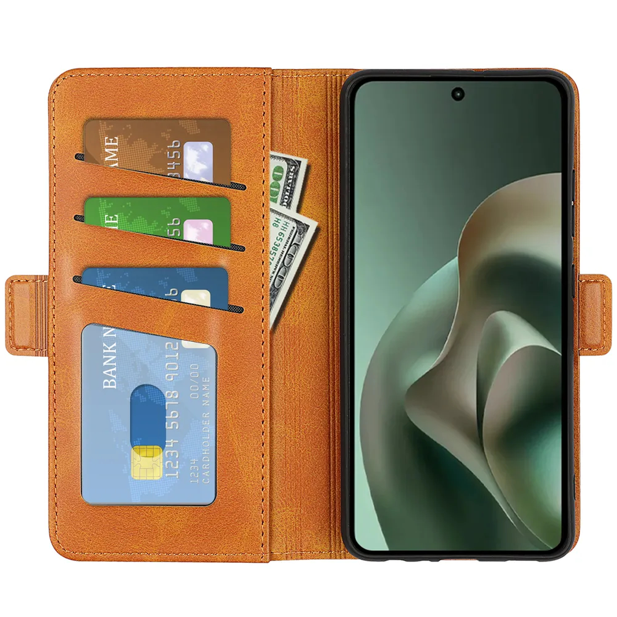 Een bruine portemonnee met kaartsleuven en contant geld, naast een smartphone.