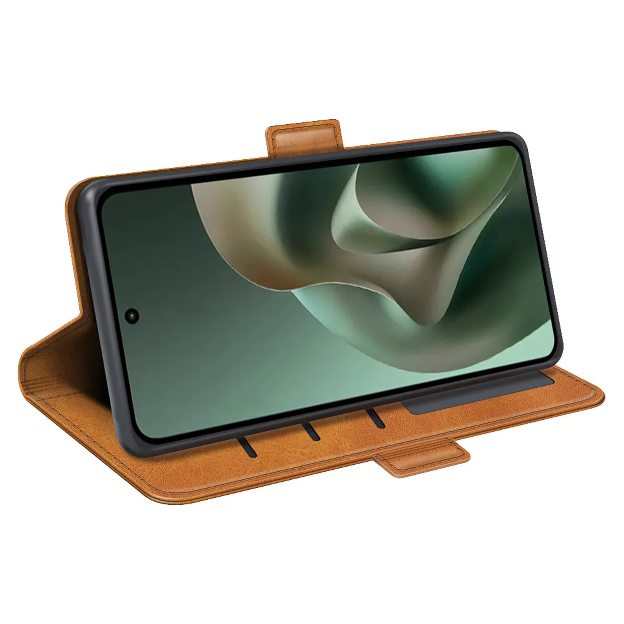 Een bruine leren flipcase voor een smartphone, rechtop staand.