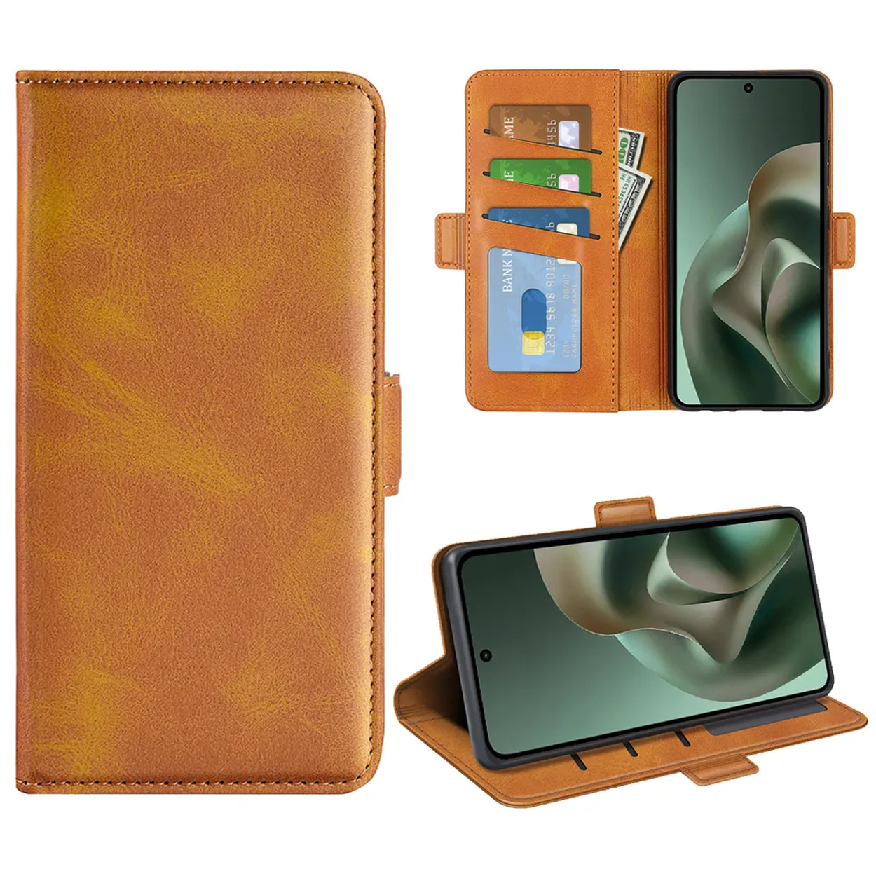 Bruine leren telefoonhoes met kaartsleuven en telefoon met groen scherm.