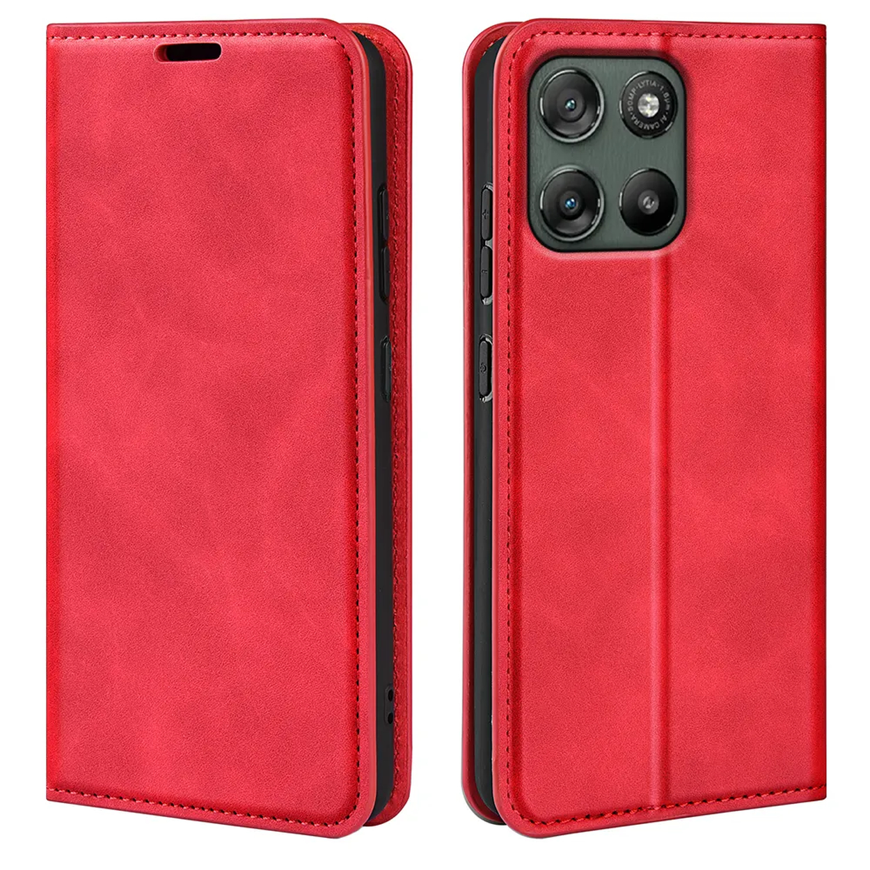 Rode flip telefoonhoes met camera-uitsparing, voor- en zijaanzicht.