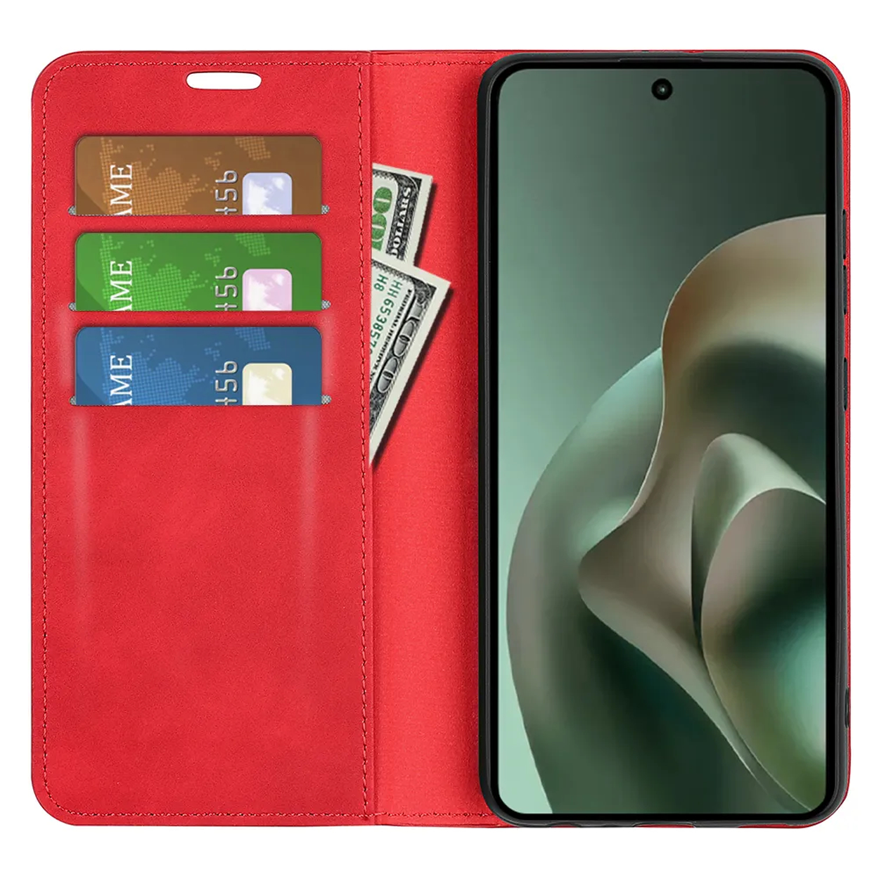 Rood telefoonhoesje met kaartsleuven en bankbiljetten, naast een smartphone.