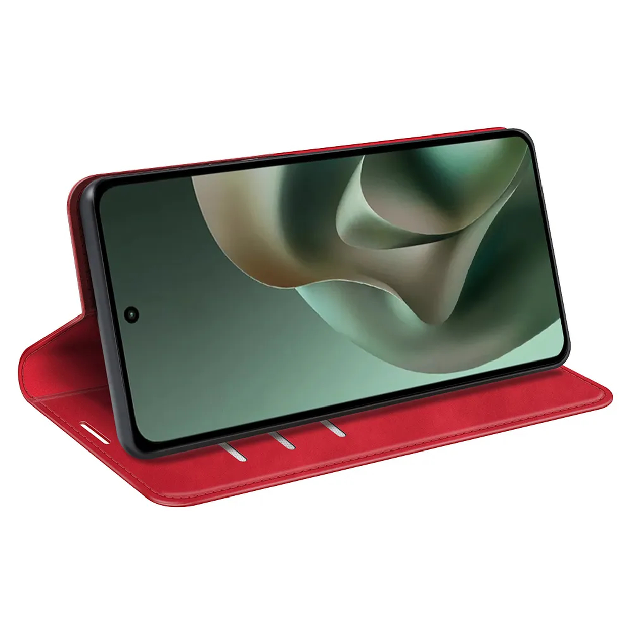 Een rode smartphone flipcase met een smartphone die erin staat.