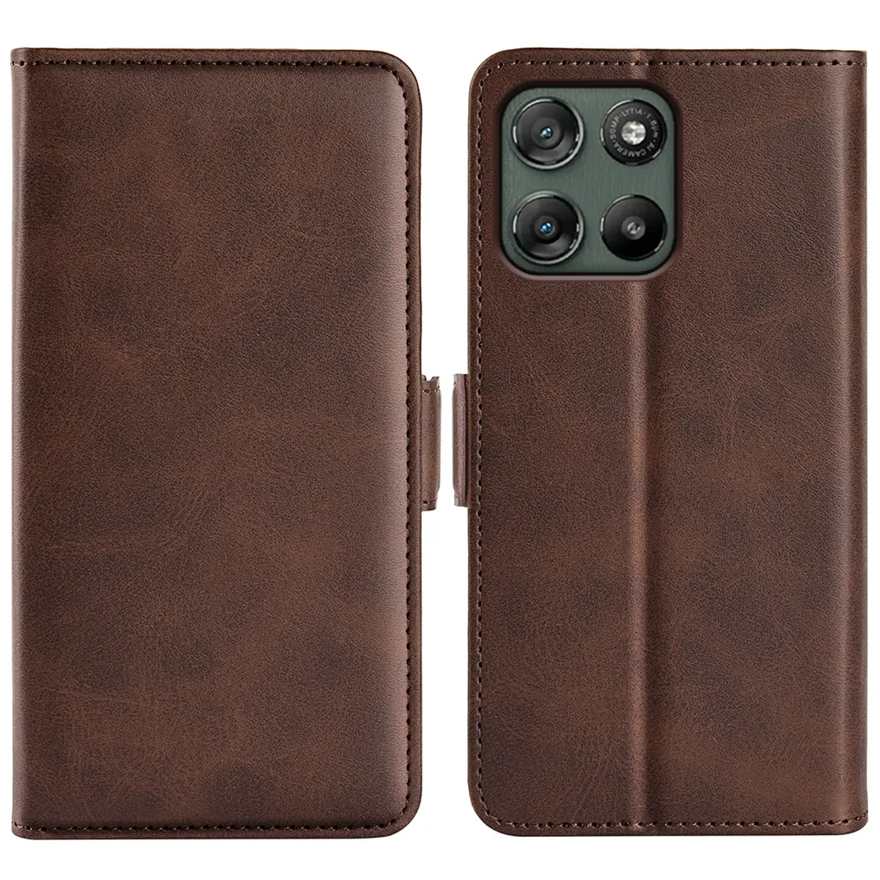 Bruine leren flip case voor smartphone met drie cameralenzen.