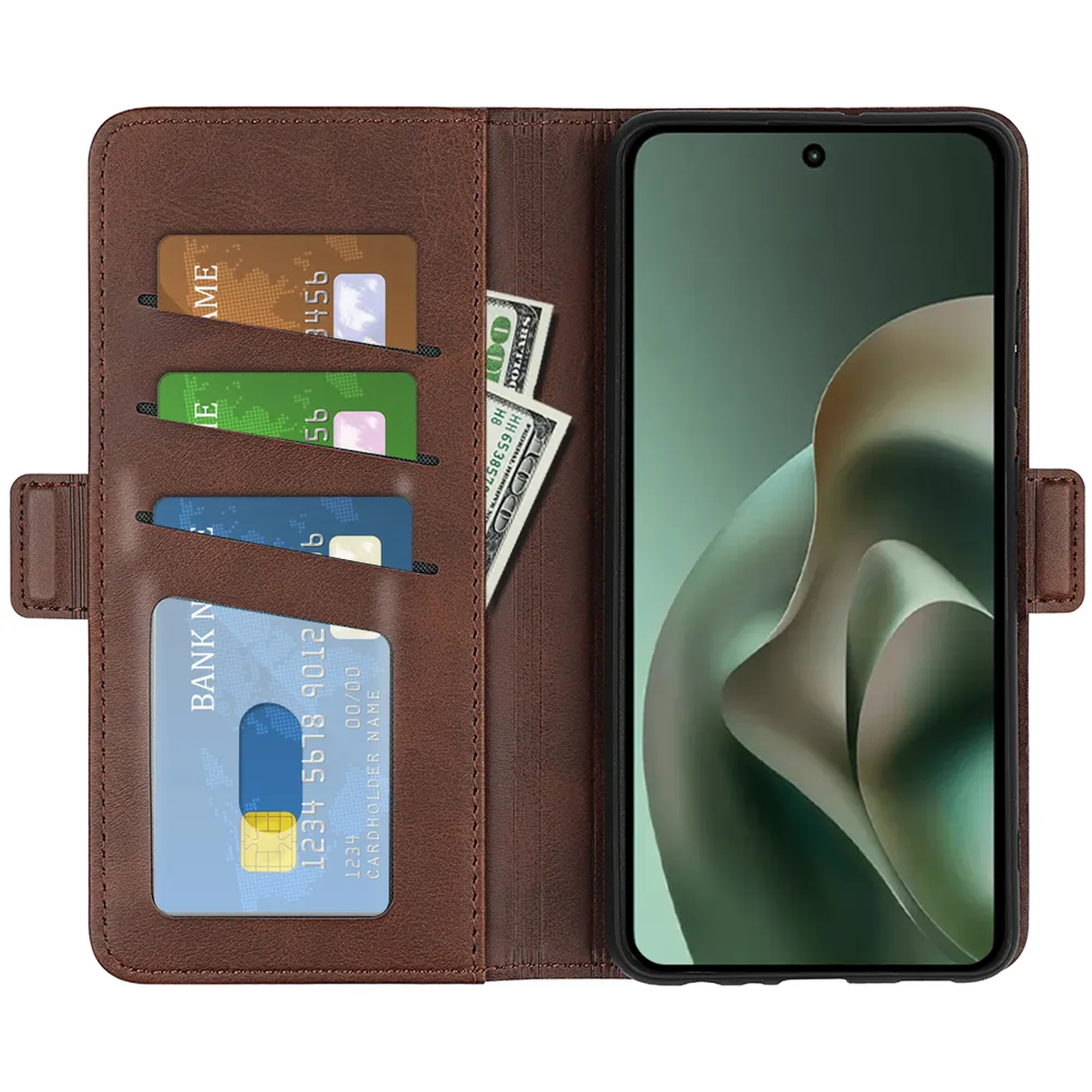 Bruine leren portemonneehoes met kaartsleuven, contant geld en smartphone.