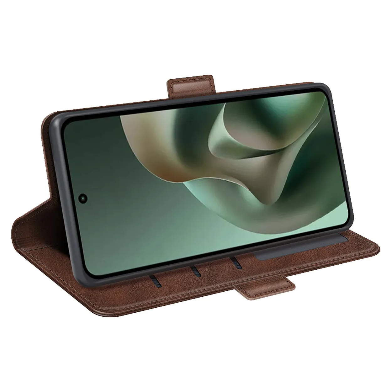 Een bruine leren flip case voor een smartphone, rechtop staand.