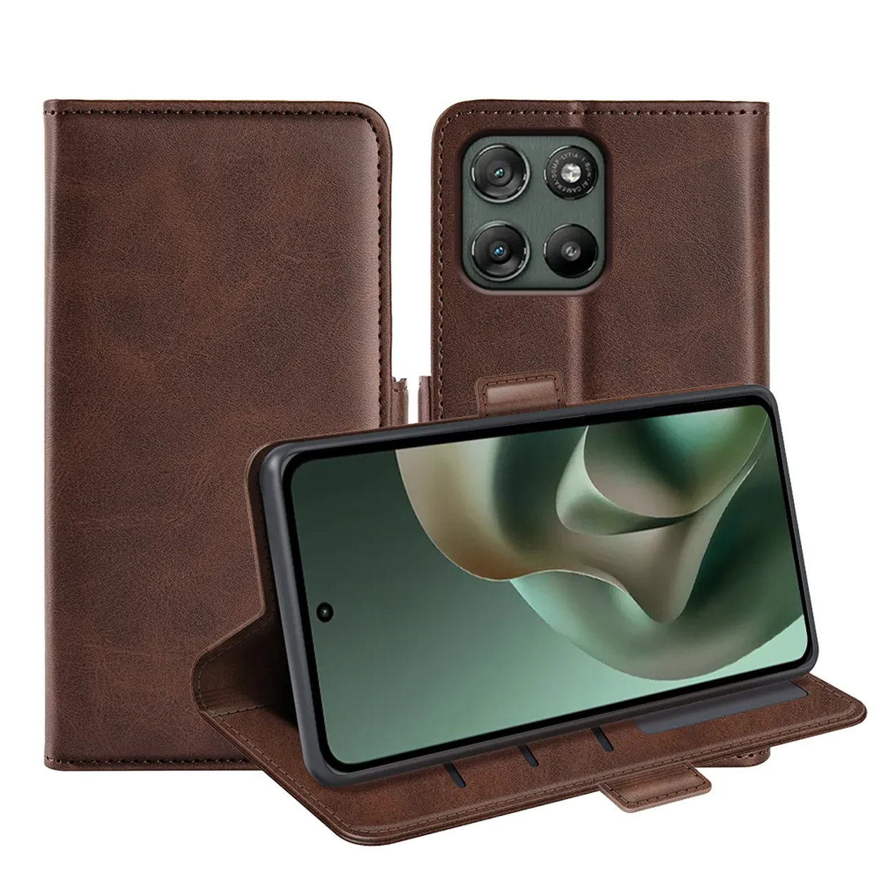 Bruine telefoonhoes met staande telefoon, zichtbare achtercamera-opstelling.